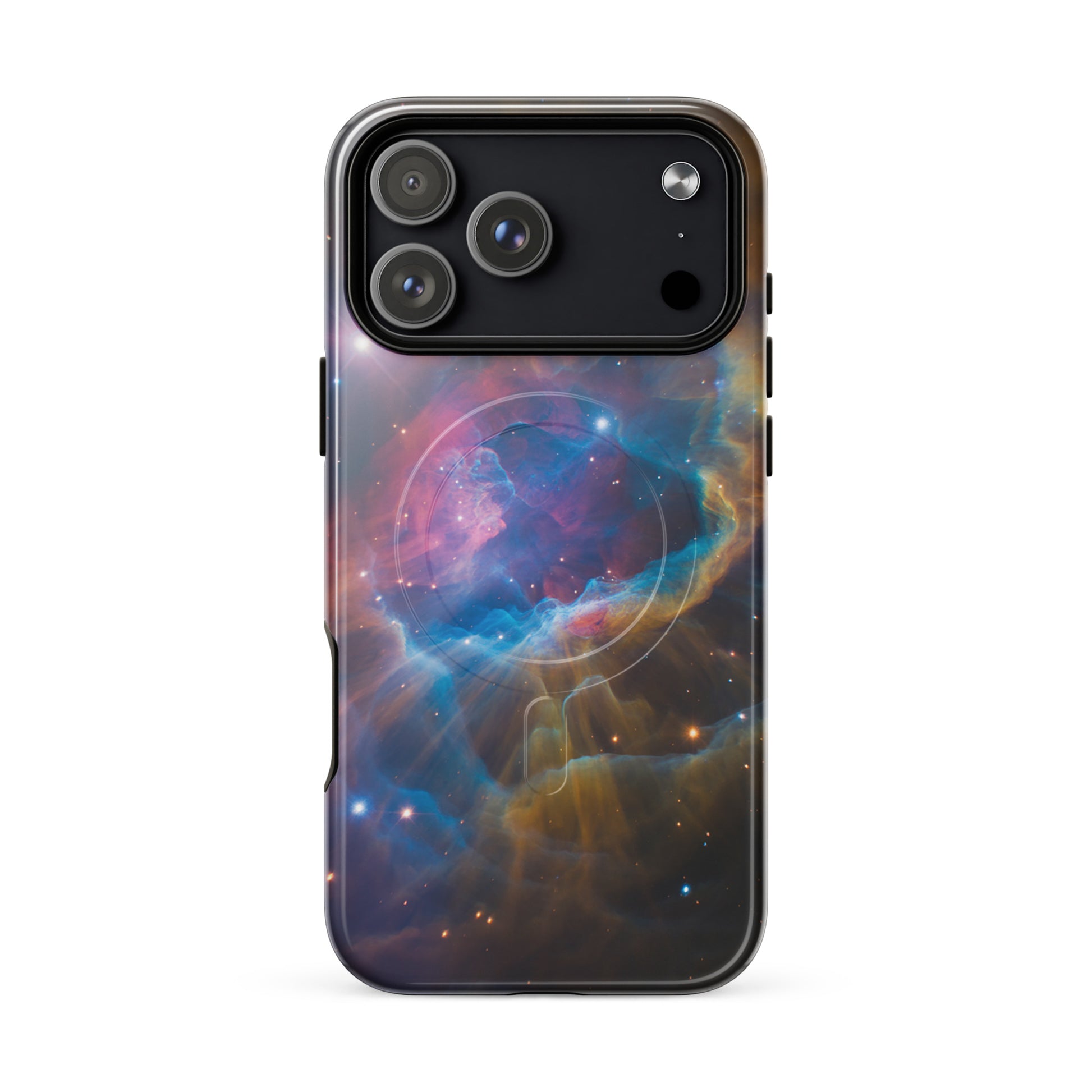 Magnetic Phone Case for iPhone featuring a vibrant nebula design with electric blues, fiery oranges, and dreamy pinks.