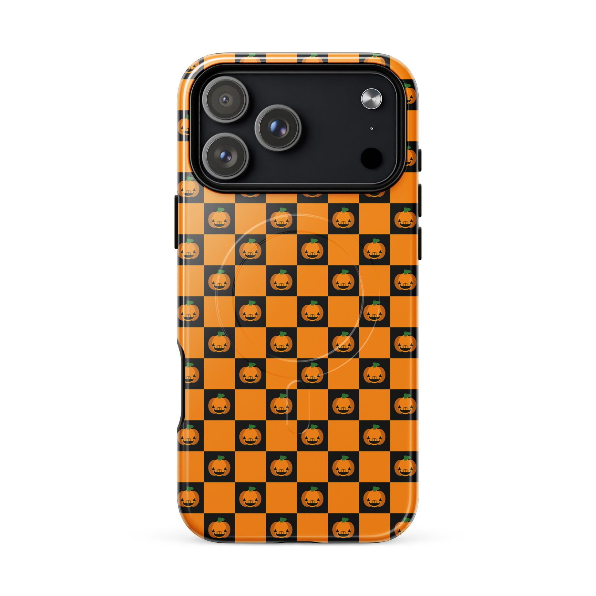 Magnetic Phone Case for iPhone with pumpkin checkered Halloween design featuring orange and black squares with jack-o'-lanterns.