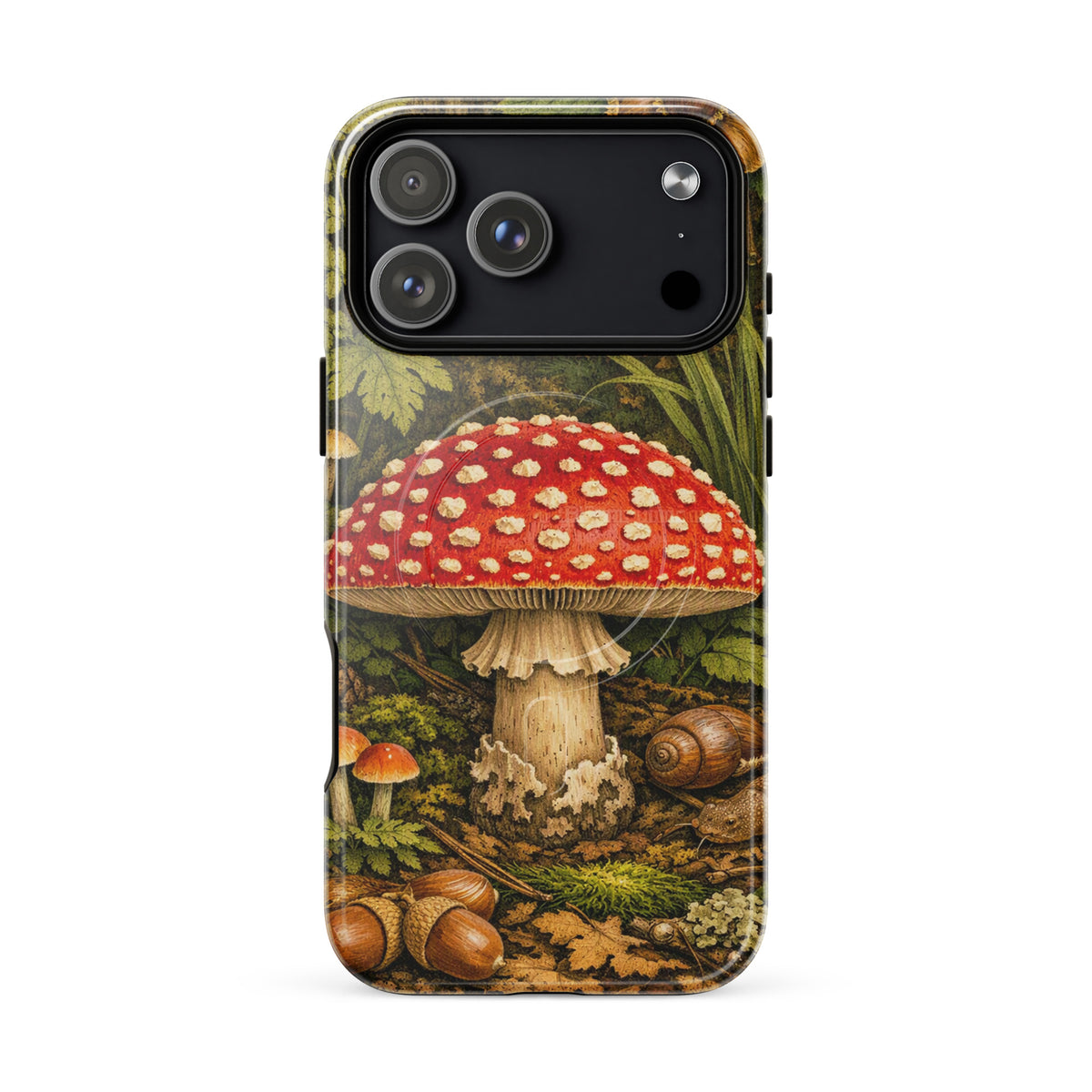 Magnetic Phone Case featuring Amanita muscaria mushroom design for iPhone with vibrant forest scene.
