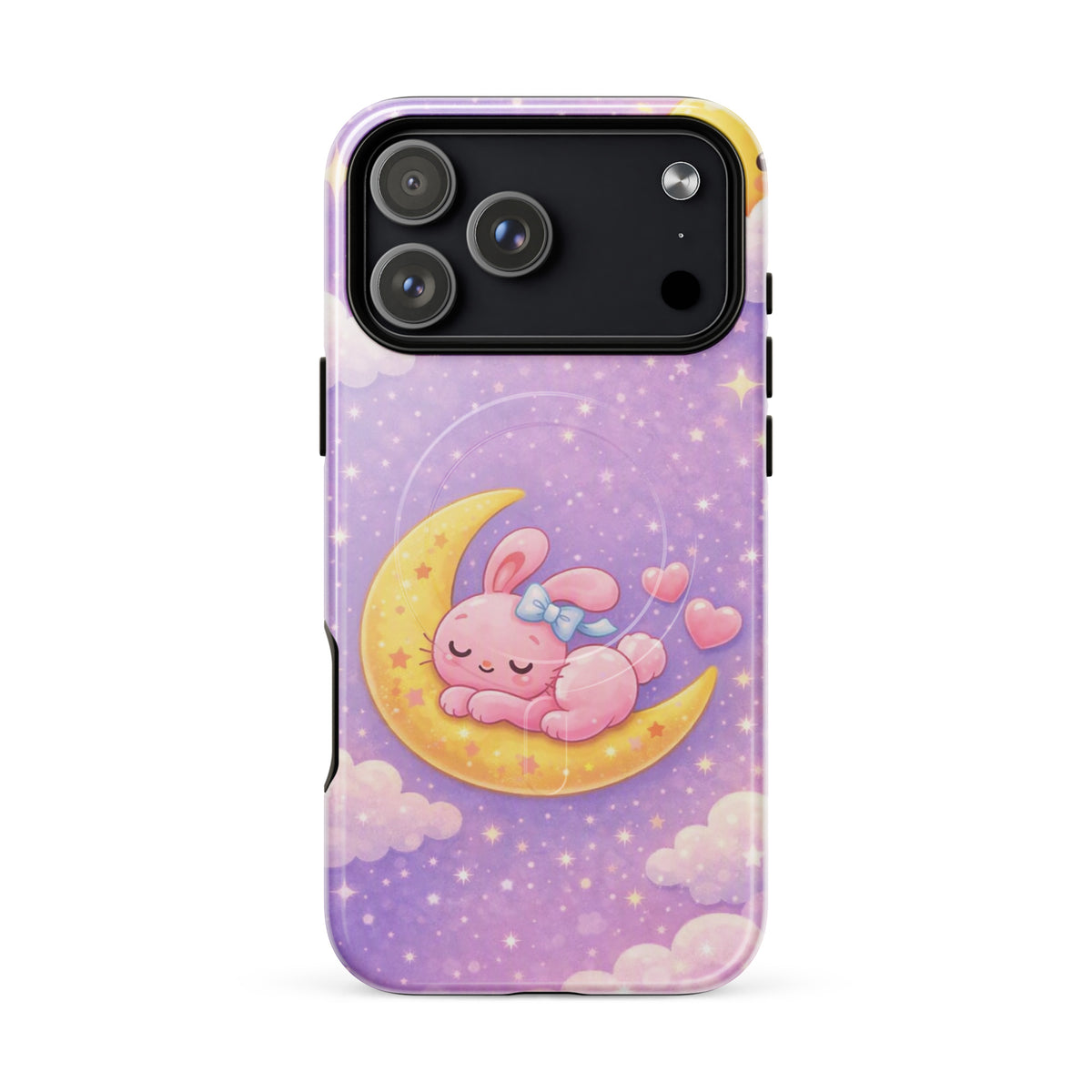 Magnetic Phone Case with cute bunny sleeping on crescent moon design, celestial pastel sky pattern for iPhone