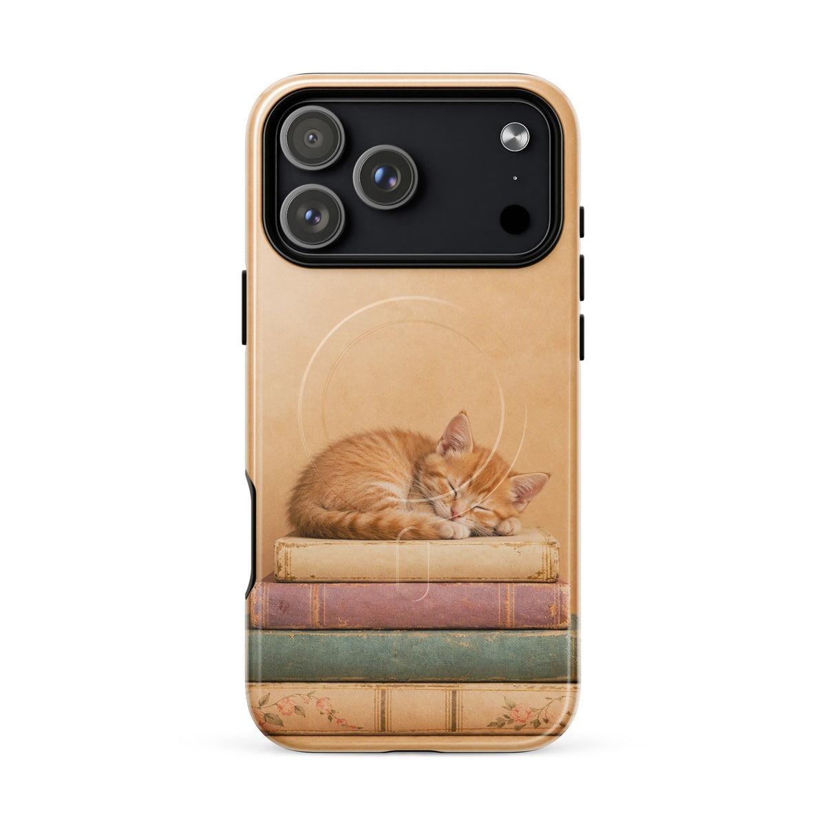Magnetic Phone Case with a sleeping orange kitten on vintage books. Charming design with warm colors and classic book theme.