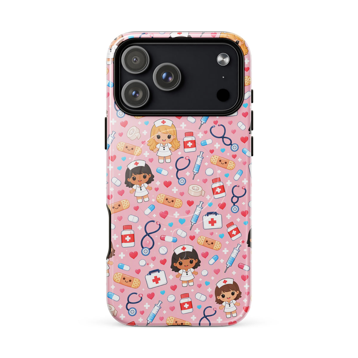 Magnetic Phone Case with cute kawaii nurse medical pattern on pink background for iPhone.