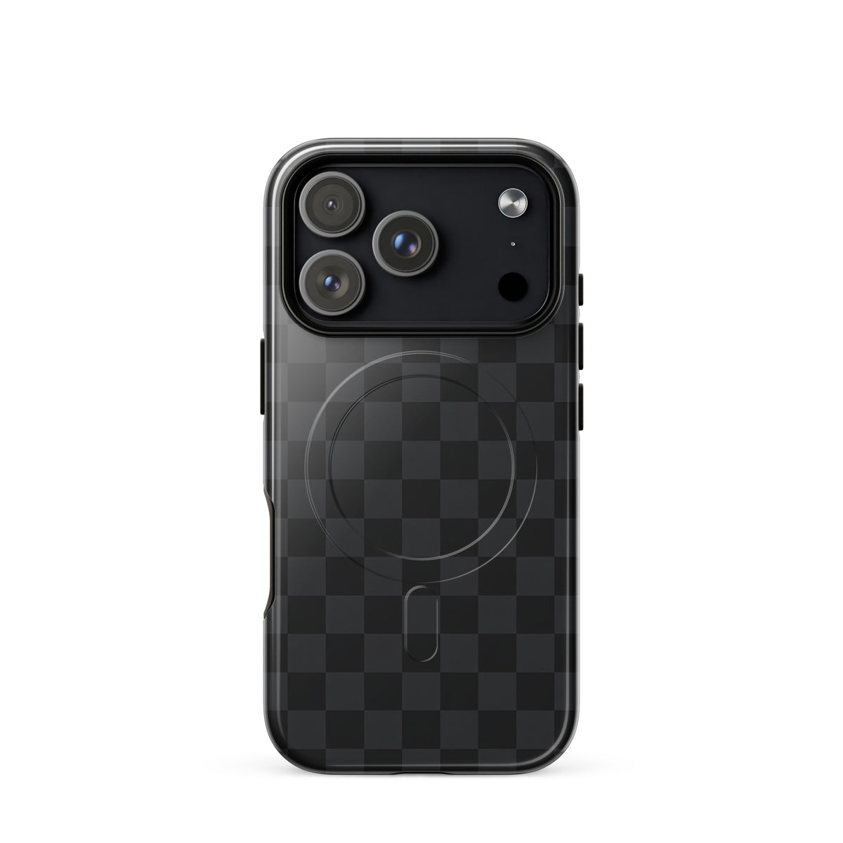 Magnetic Phone Case with black and charcoal checkered design for iPhone, offers sleek protection and modern style.