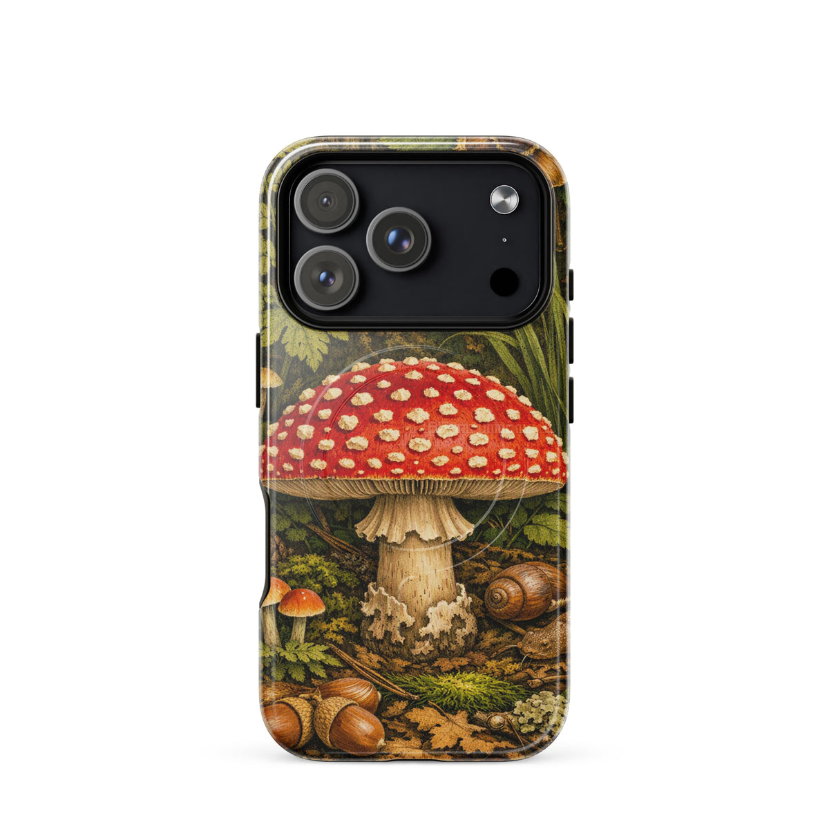 Magnetic Phone Case featuring Amanita muscaria mushroom illustration for iPhone with vibrant forest design.