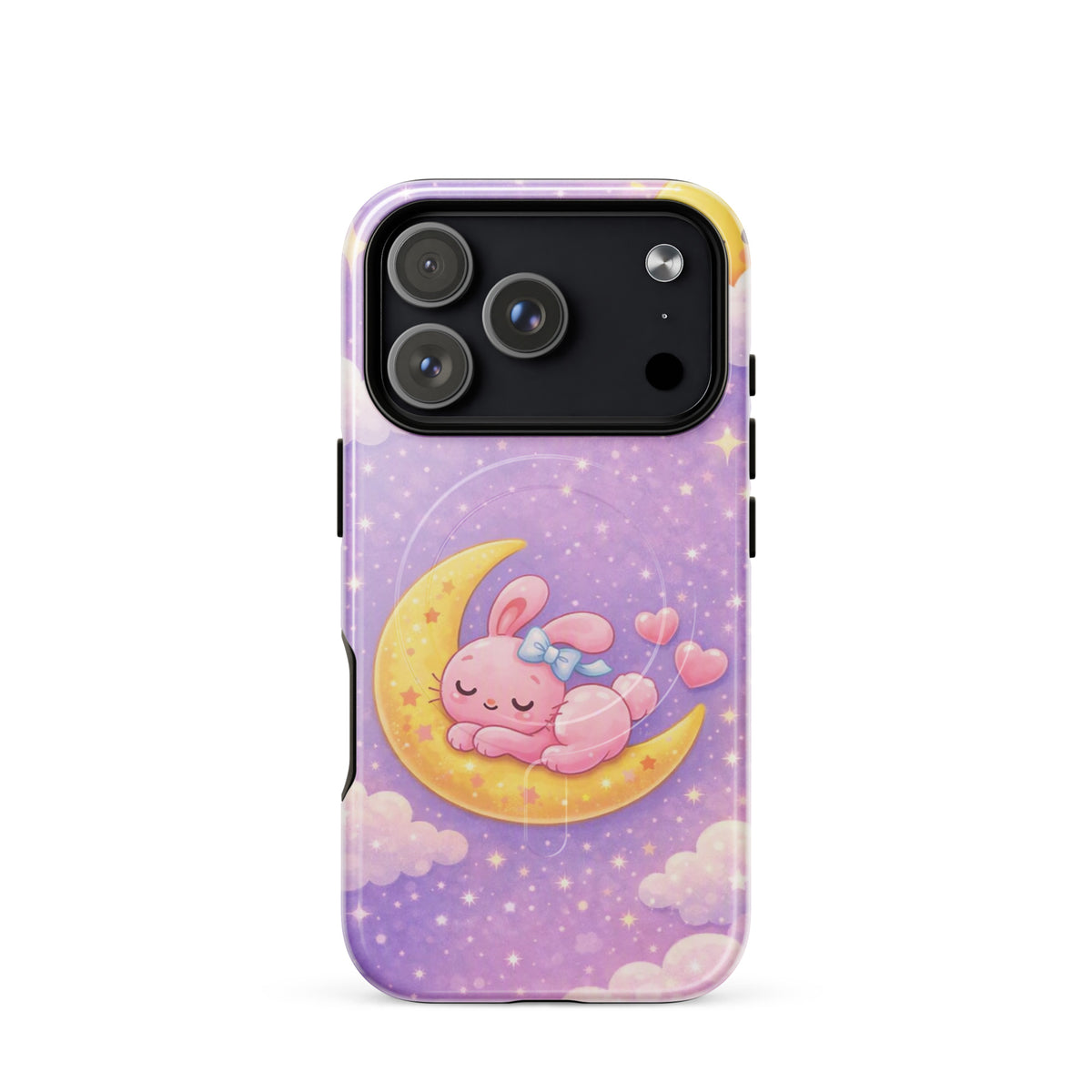 Magnetic Phone Case with dreamy bunny moon design for iPhone, featuring pastel sky and pink bunny snuggled on a crescent moon.