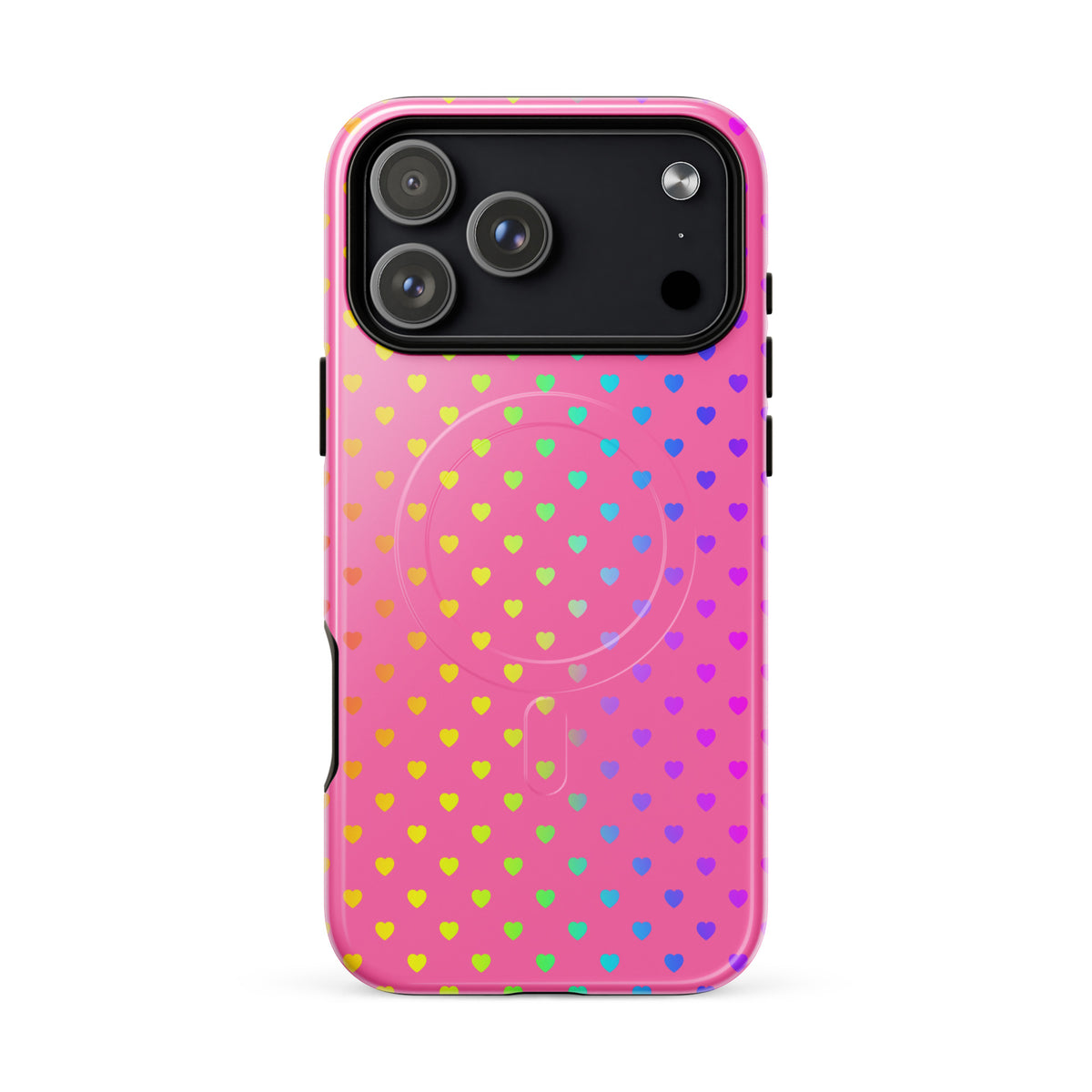 Magnetic Phone Case for iPhone with Cute Rainbow Hearts on Pink Background