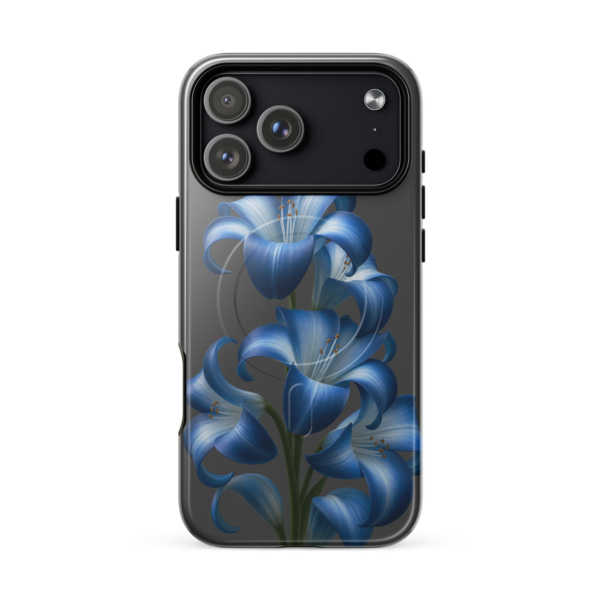 Magnetic Phone Case for iPhone with blue lily bloom art on dark backdrop, stylish protection.
