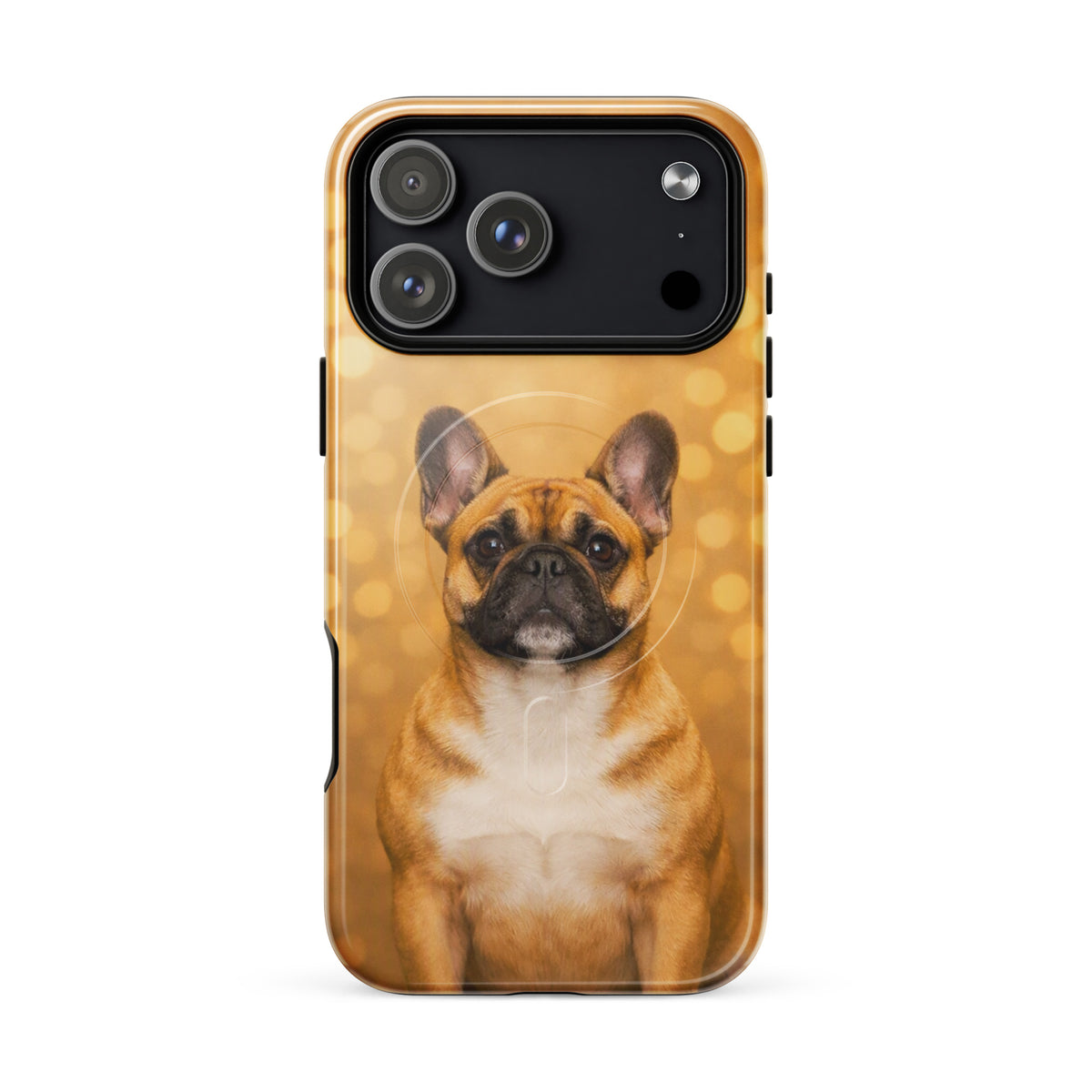 Magnetic Phone Case for iPhone featuring charming French Bulldog against golden bokeh background, perfect for dog lovers.