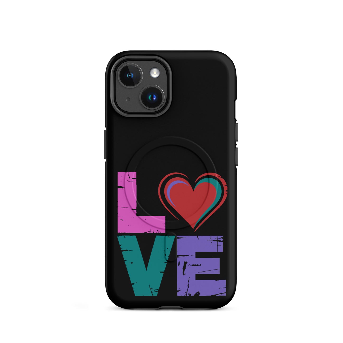 Love Magnetic Dual-Layer Tough Case for iPhone in black with colorful LOVE design and heart graphic.