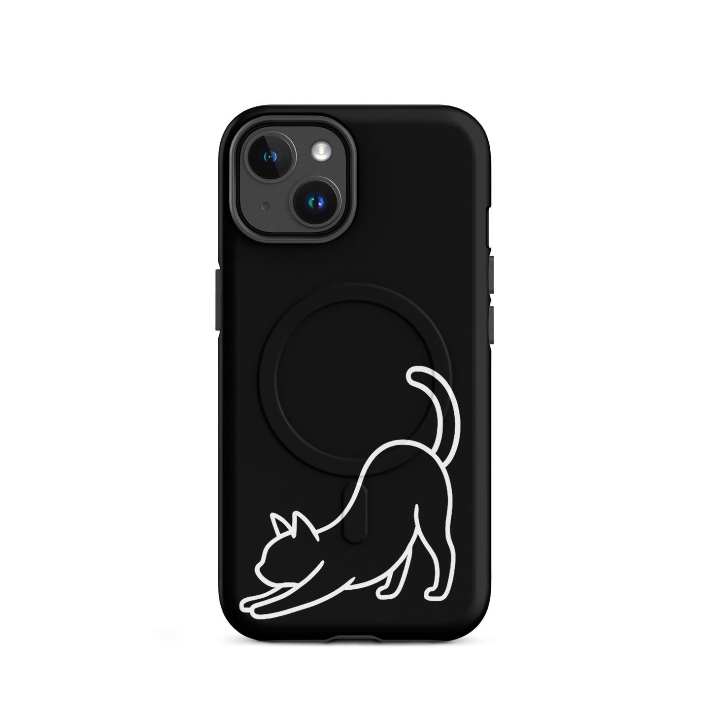 Magnetic Phone Case featuring a minimalist stretching cat design on a sleek black background.