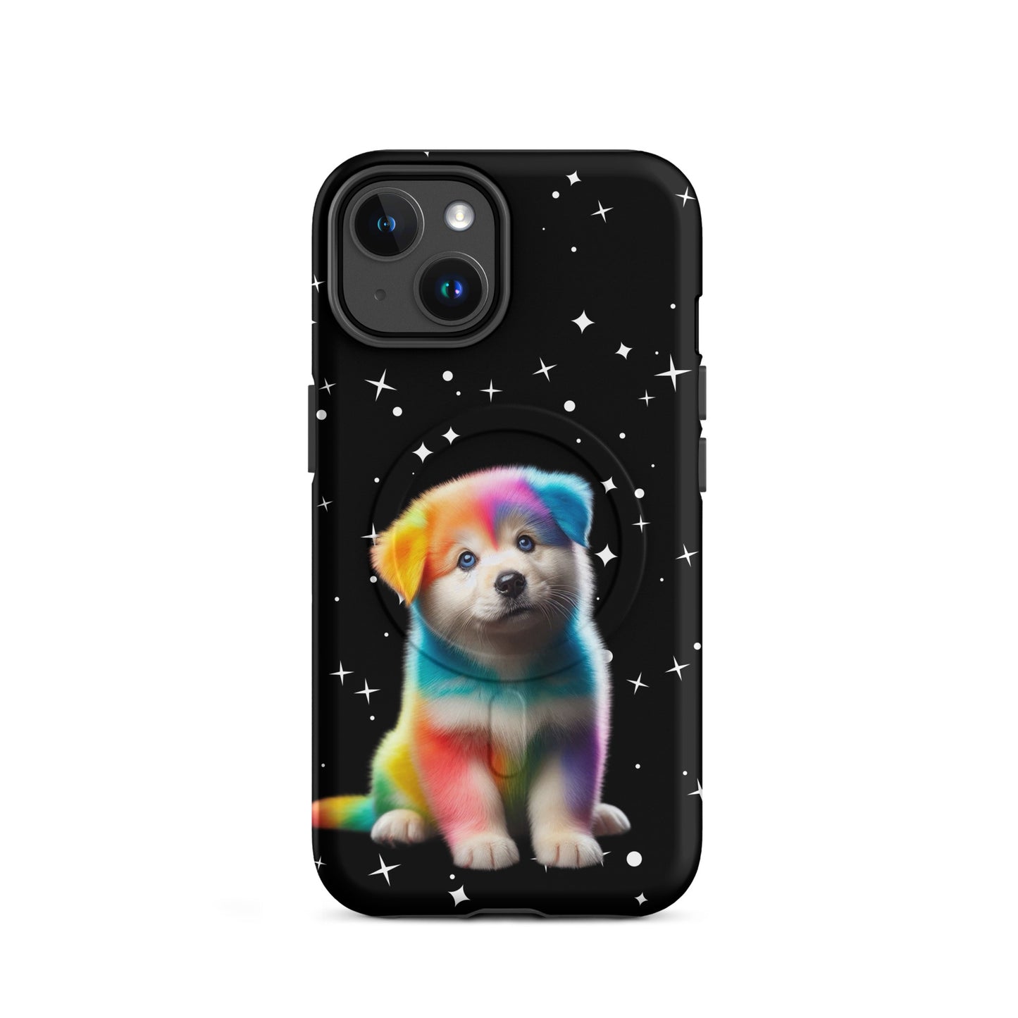 Magnetic Phone Case featuring a rainbow puppy design against a starry black background.