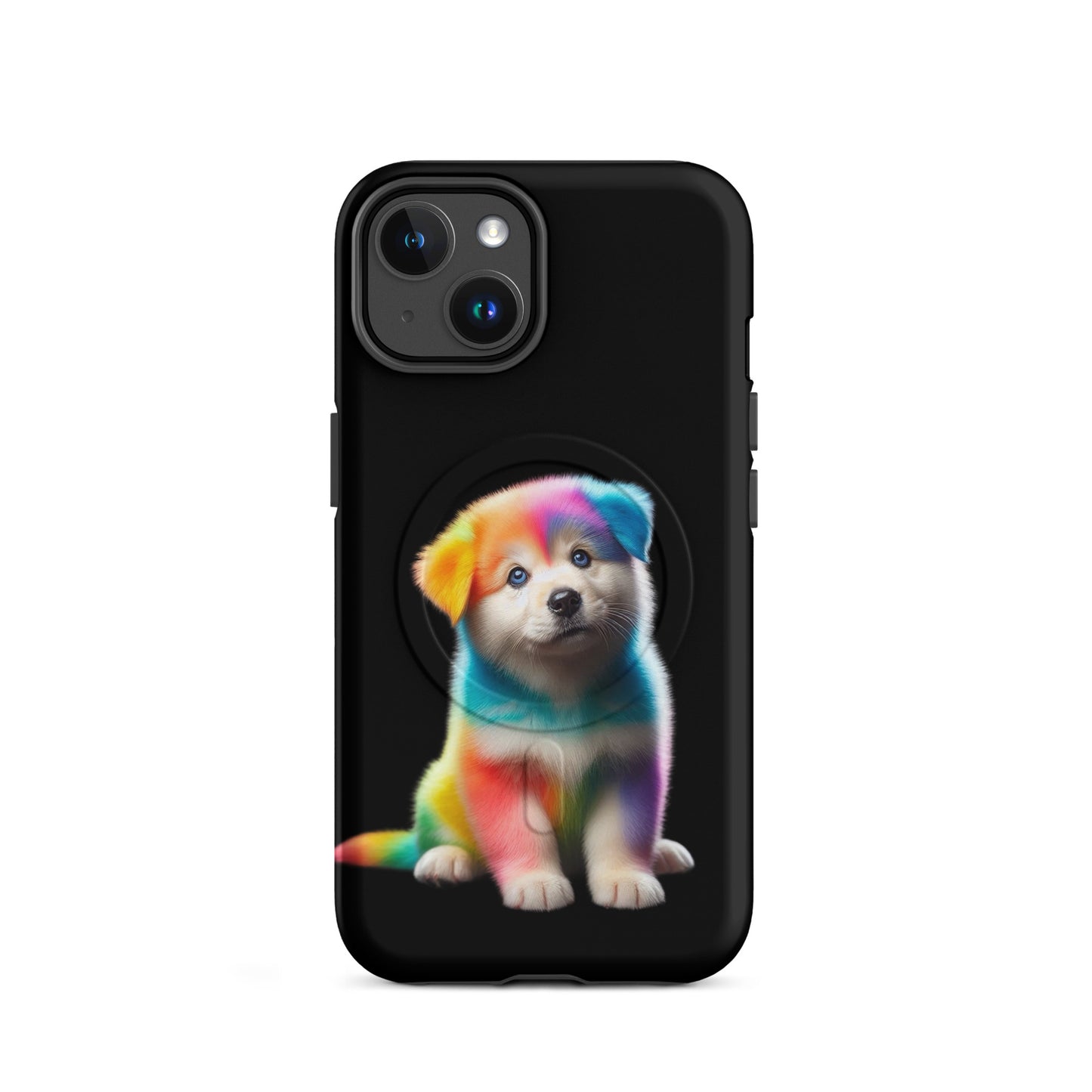 Magnetic Phone Case featuring a vibrant rainbow puppy design on a black background.