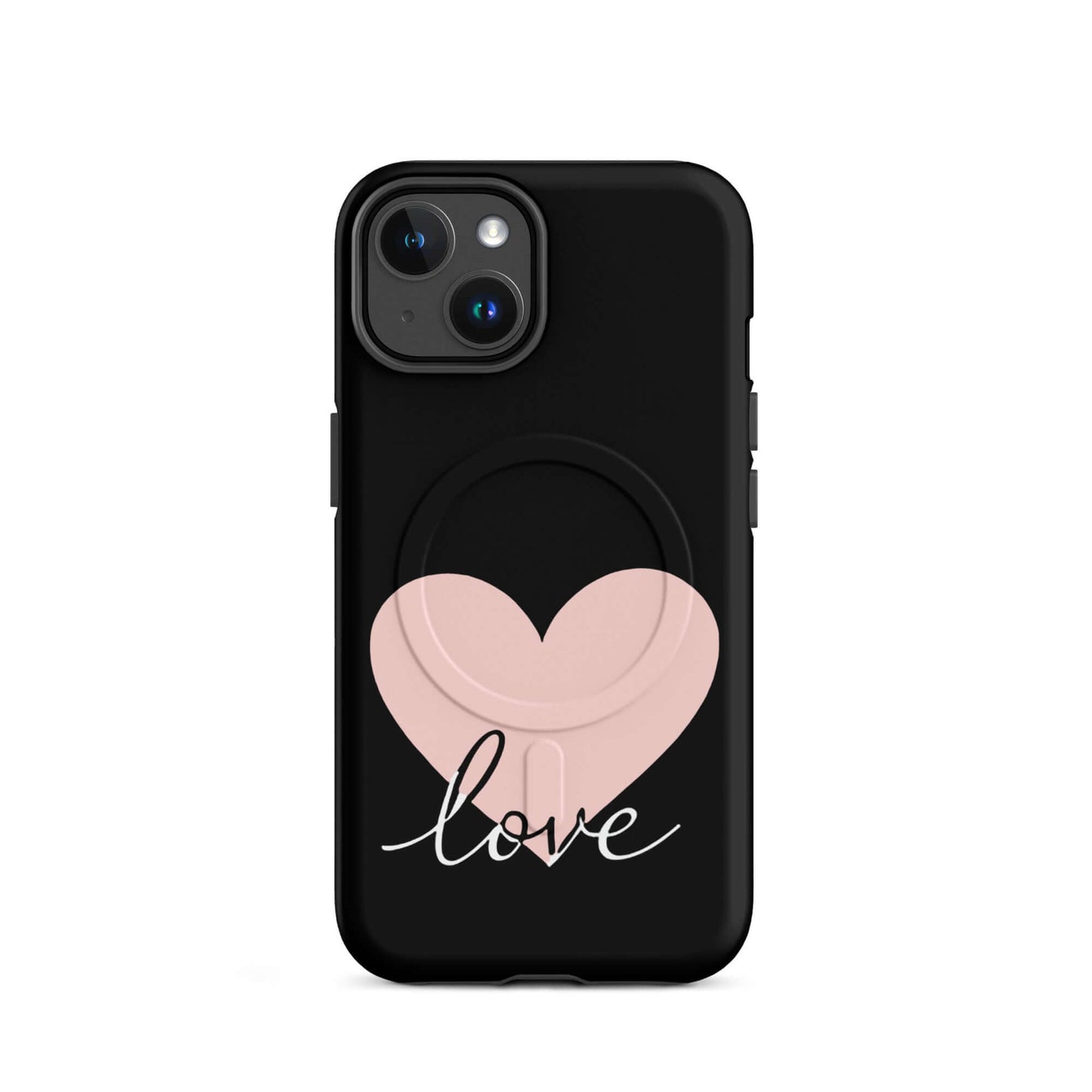 Magnetic Phone Case featuring heart and script love design on a black background for iPhone.