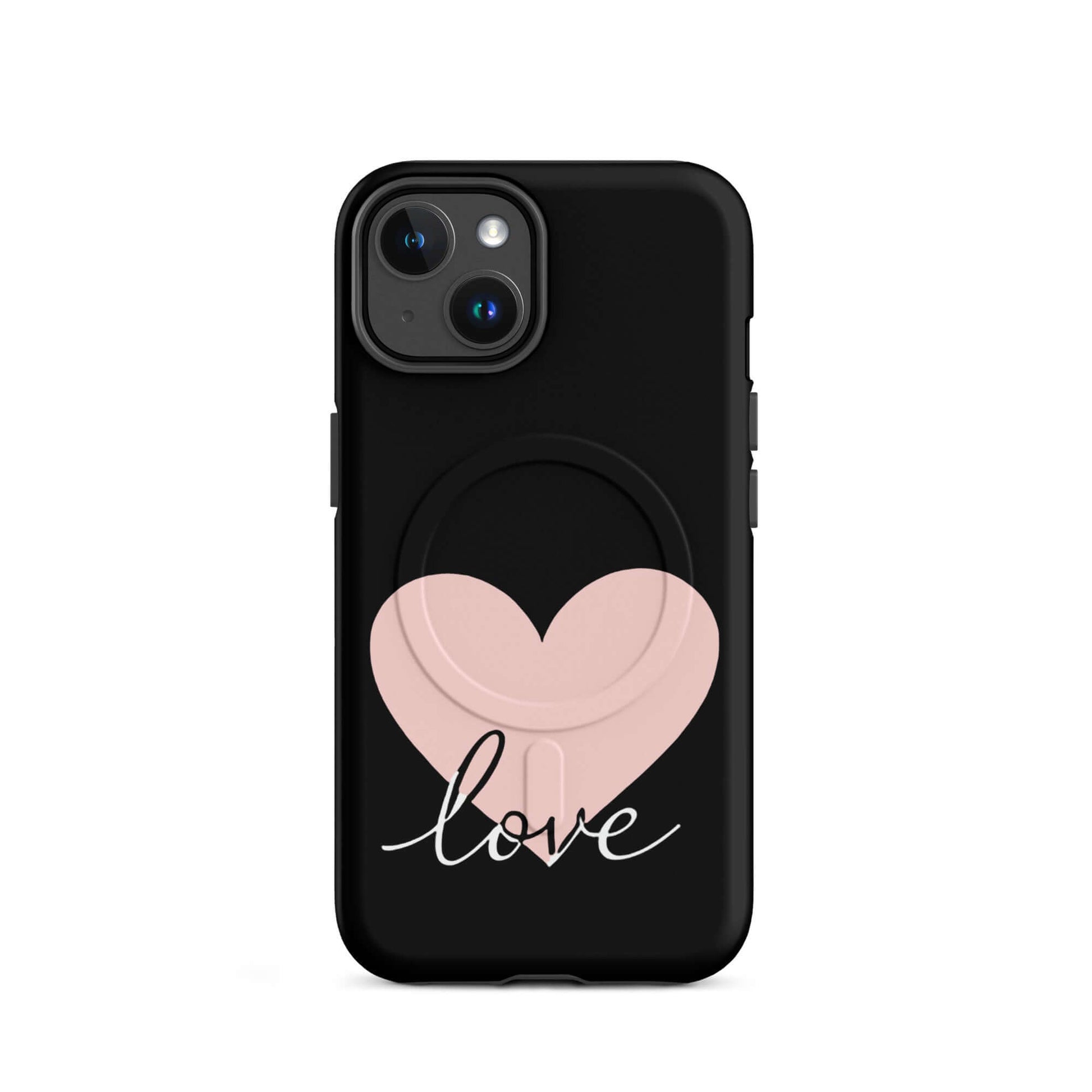 Magnetic Phone Case featuring heart and script love design on a black background for iPhone.
