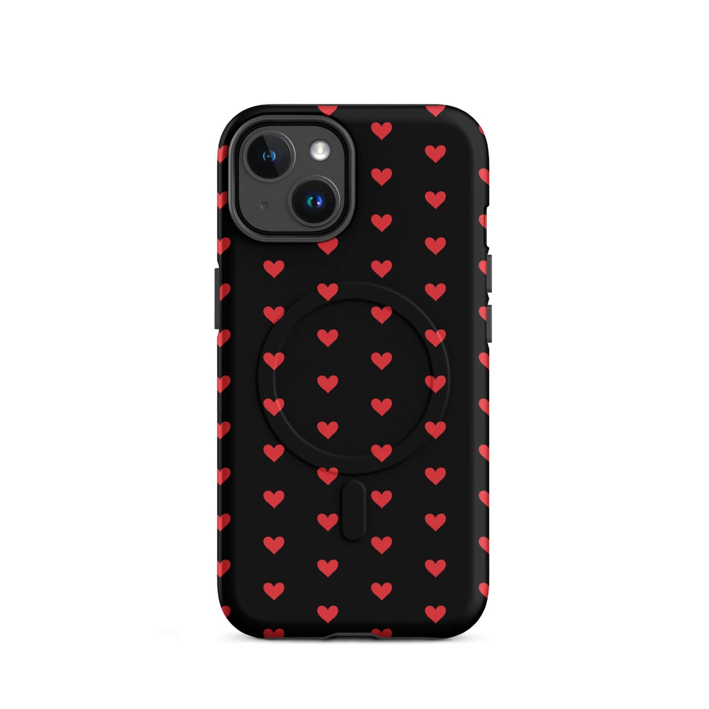 Magnetic Phone Case with fiery red hearts pattern on black background for iPhone.
