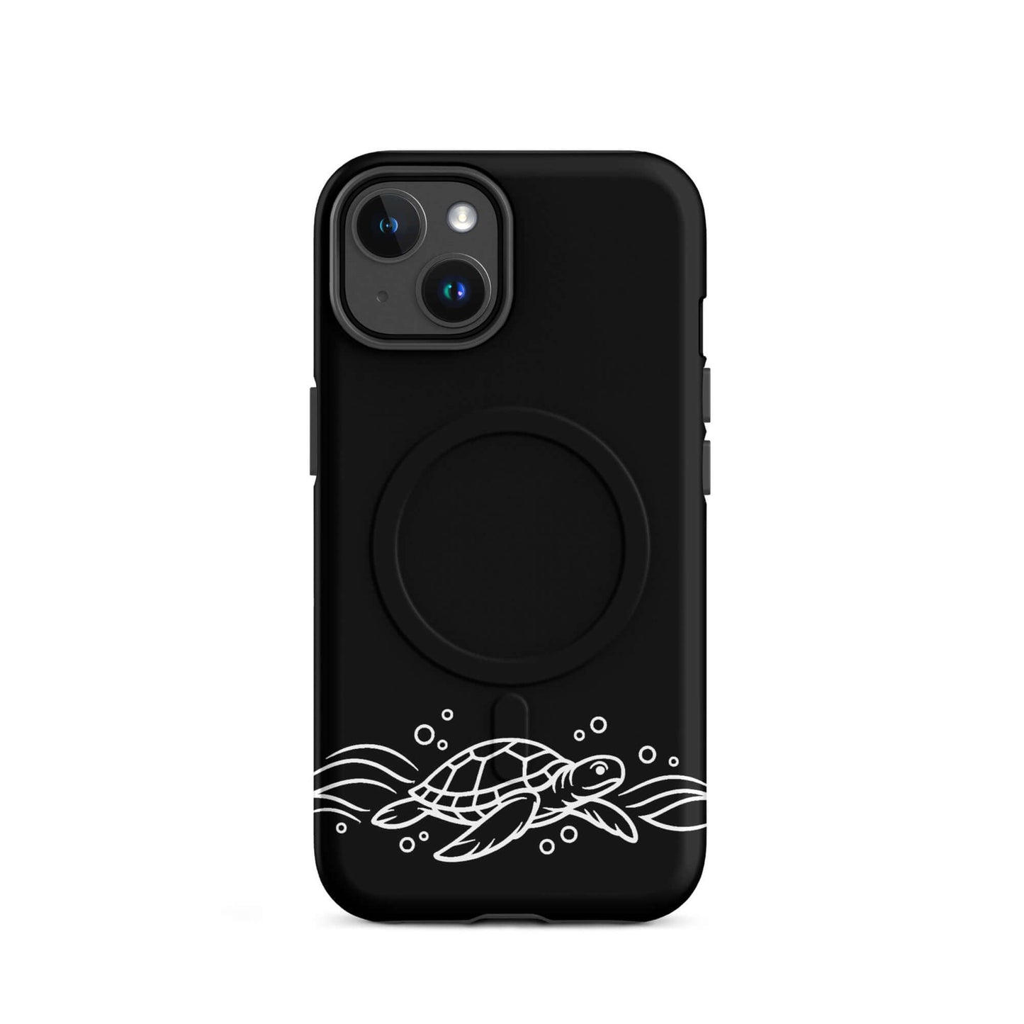 Magnetic Phone Case featuring minimalist sea turtle design and abstract waves on a black background.