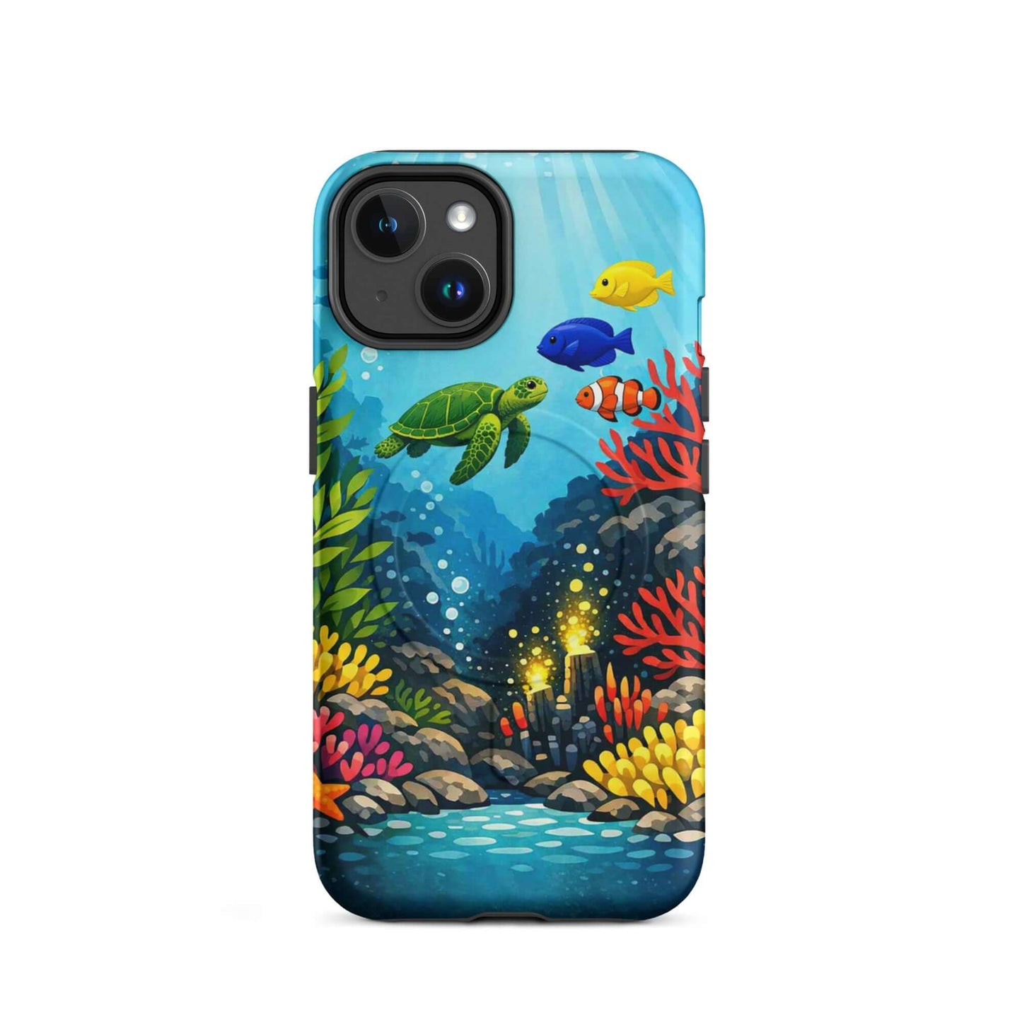 Magnetic Phone Case featuring vibrant sea turtle and coral reef design for iPhone, showcasing colorful marine life.