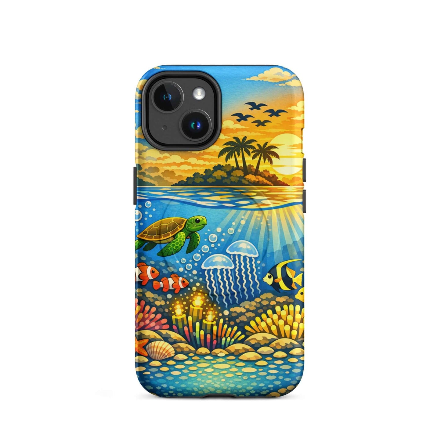 Magnetic Phone Case featuring a tropical sunset and vibrant underwater reef with sea turtles and coral.