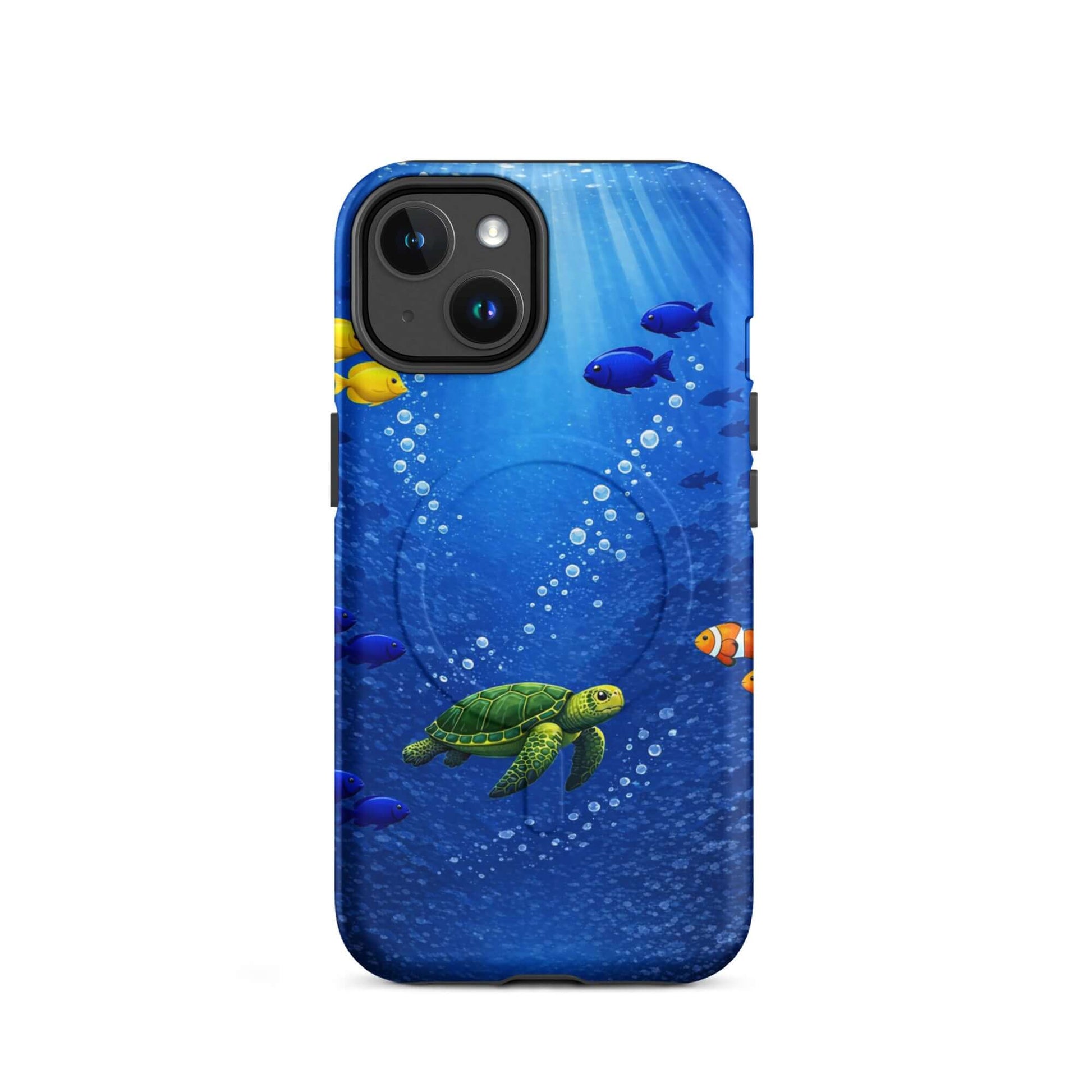 Magnetic Phone Case featuring a vibrant sea turtle design swimming with tropical fish in deep blue water.