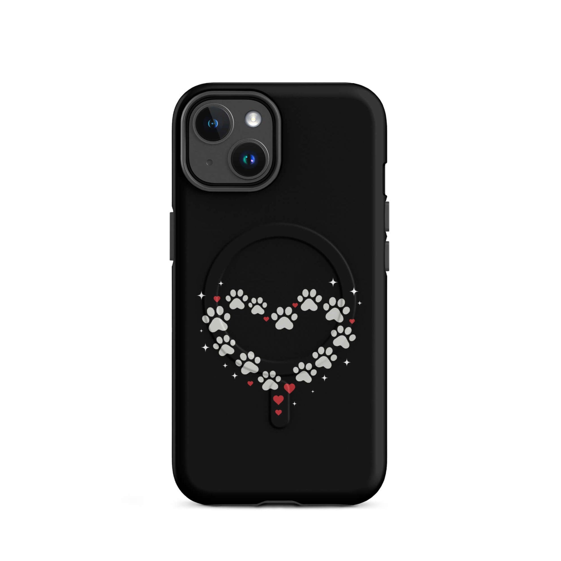 Magnetic Phone Case featuring a paw-print heart design on a sleek black background.