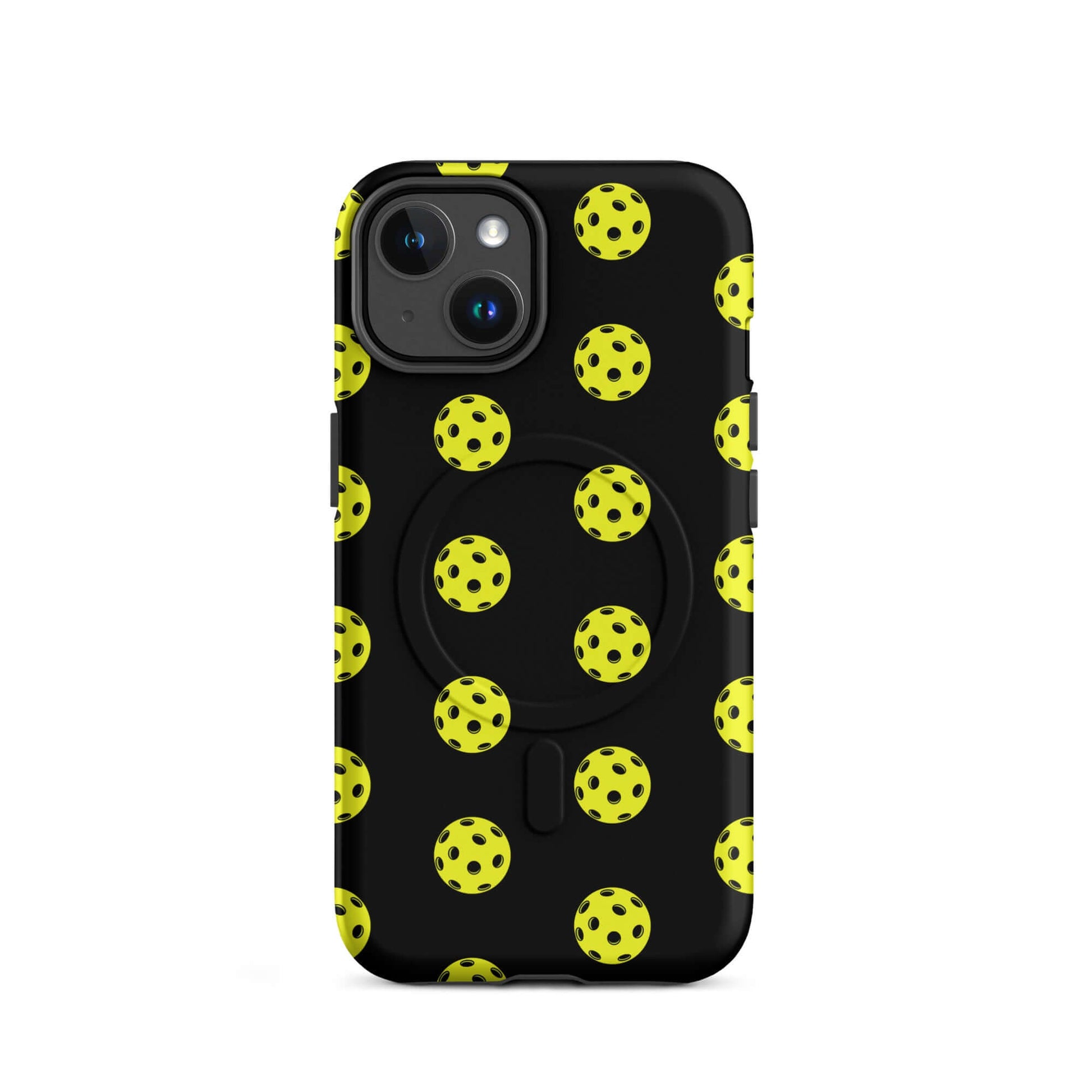 Magnetic Phone Case featuring a playful pickleball pattern in yellow on a black background.