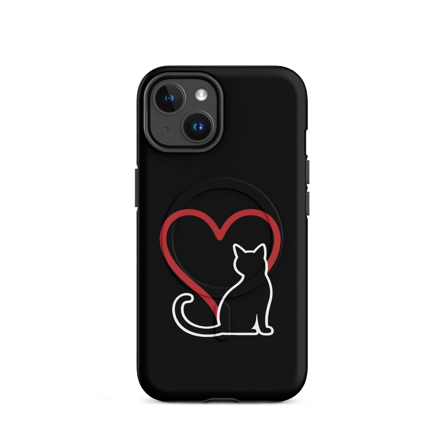 Magnetic Phone Case featuring a minimalist black cat and red heart design, perfect for cat lovers.