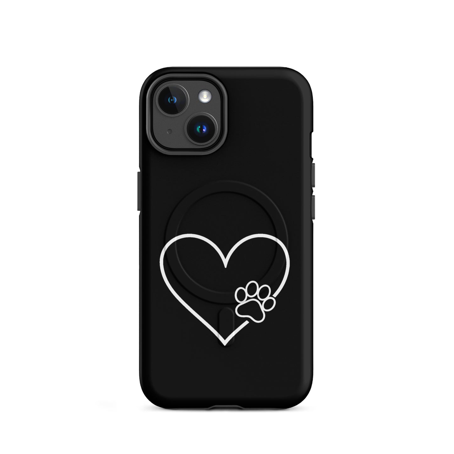Magnetic Phone Case for iPhone with a white heart and paw print design, combining pet love with protective functionality.