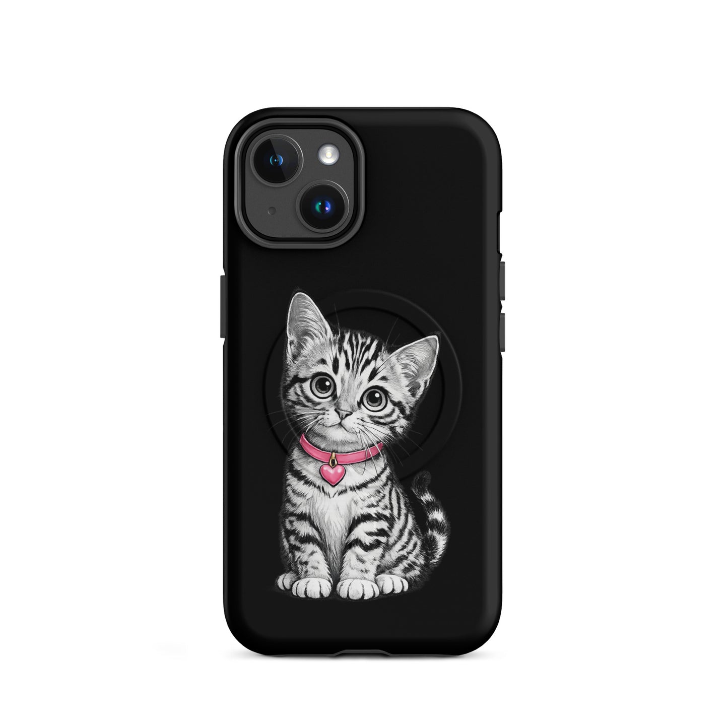 Magnetic Phone Case for iPhone featuring a kitten sketch with pink collar and heart charm, protective and stylish design.