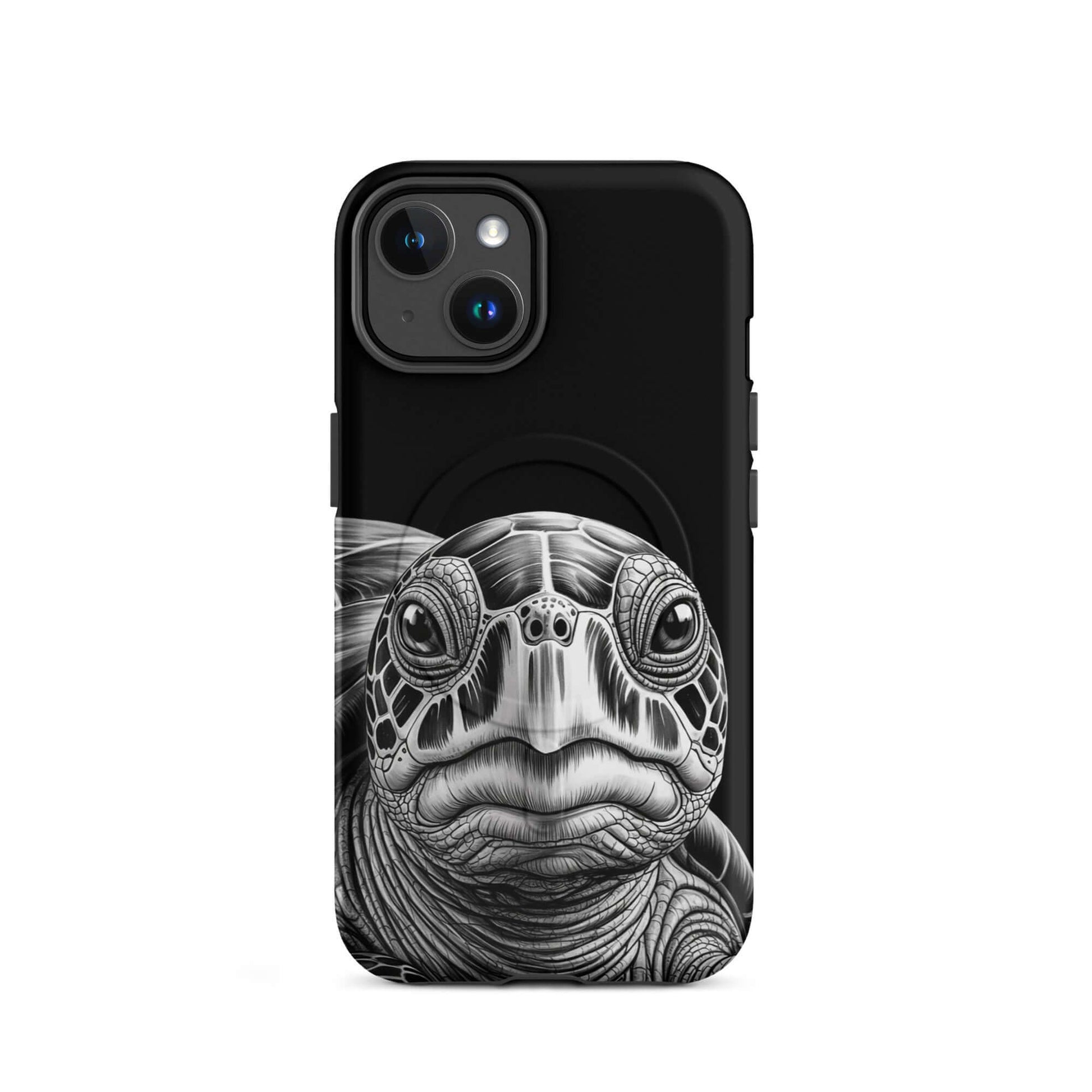 Magnetic Phone Case for iPhone featuring ancient sea turtle art with black and white sketch design, highlighting detailed shell and gaze.