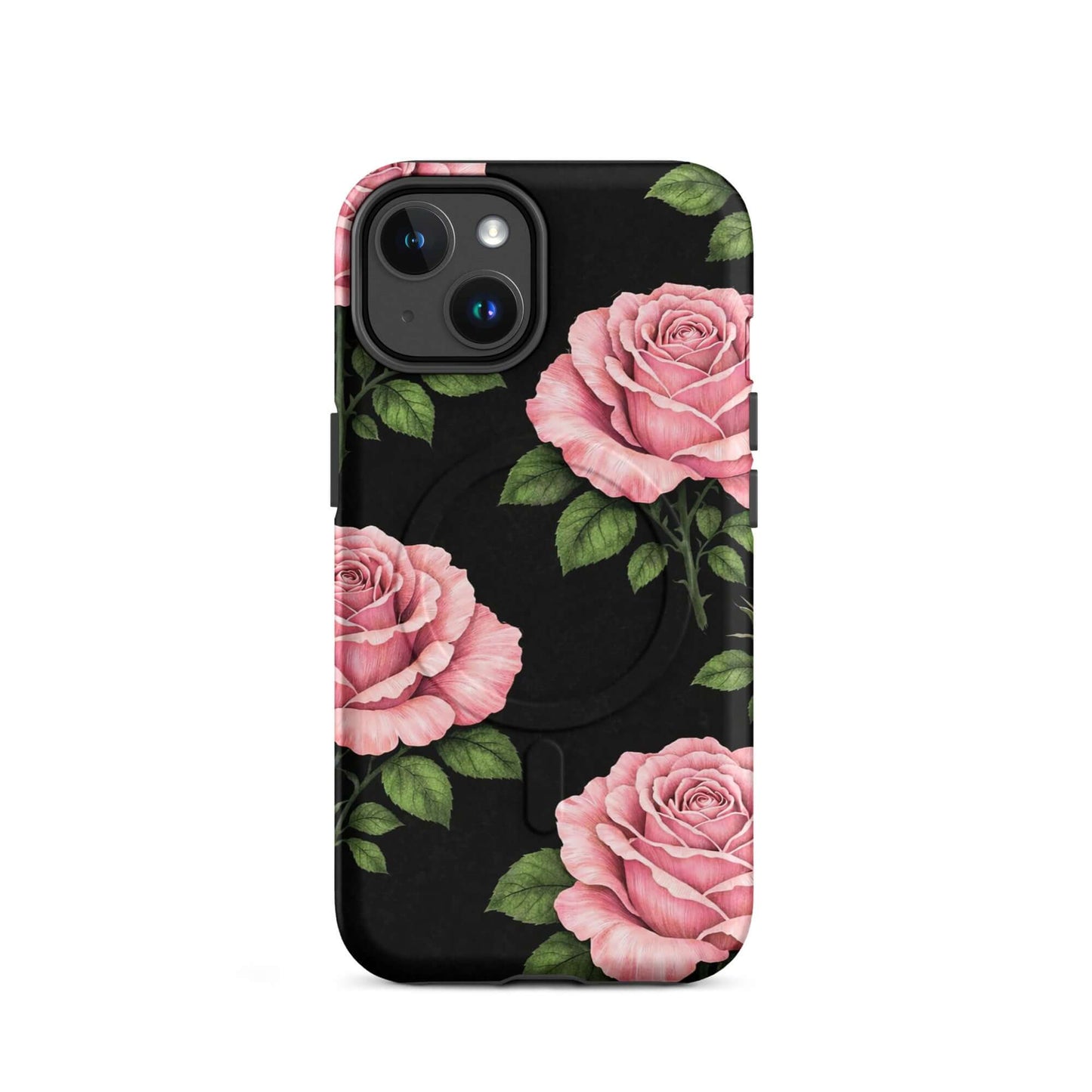 Magnetic Phone Case featuring pink roses and green leaves on a black background, compatible with iPhone, adds floral charm and protection.