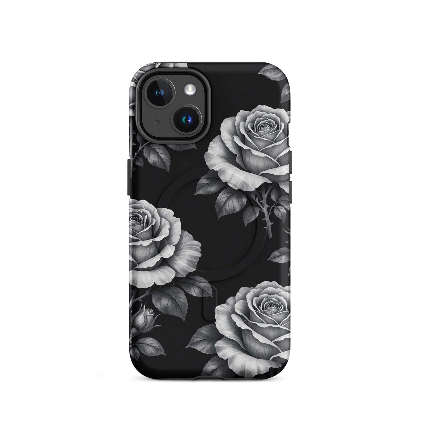 Magnetic Phone Case with rose design against black background, featuring elegant hand-sketched style for iPhone