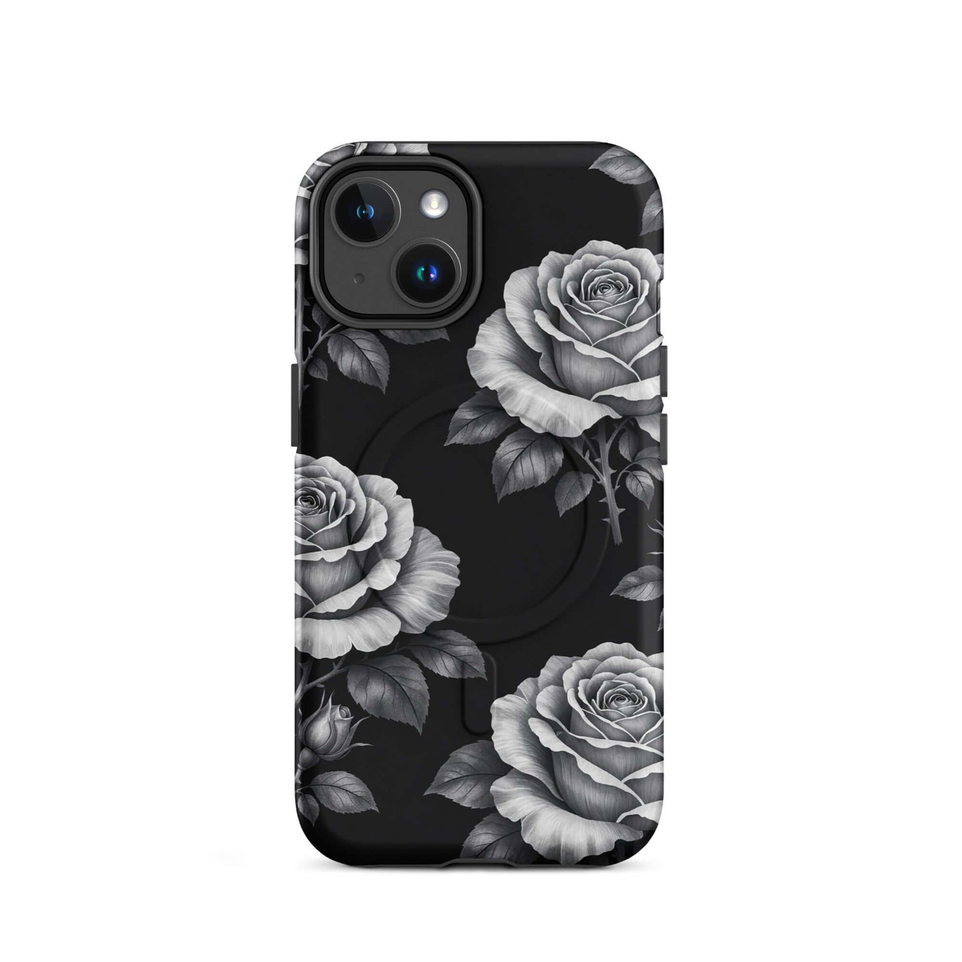 Magnetic Phone Case with rose design against black background, featuring elegant hand-sketched style for iPhone