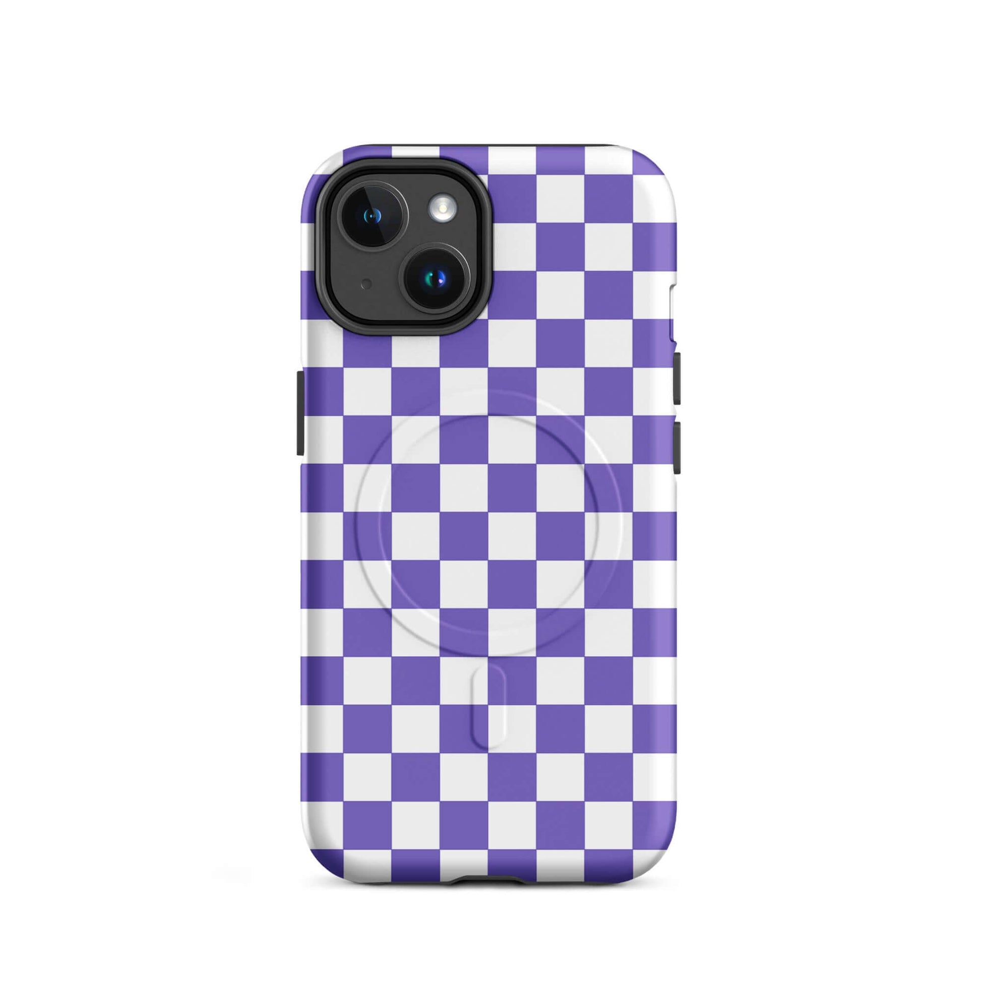 Magnetic Phone Case for iPhone in purple and white checkered design, adding style and personality to your device.