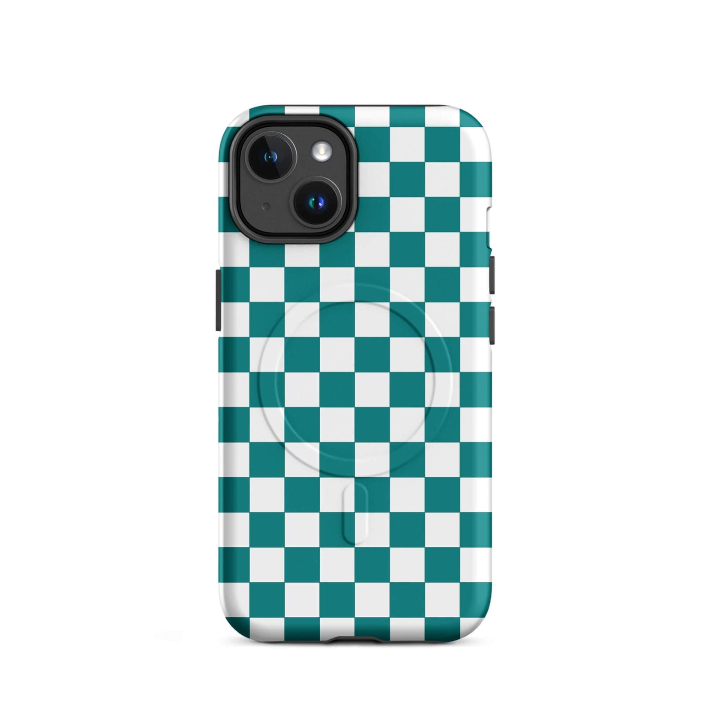 Magnetic Phone Case with teal and white checkered design, adds a playful style to your phone, ideal for selfies and everyday use.