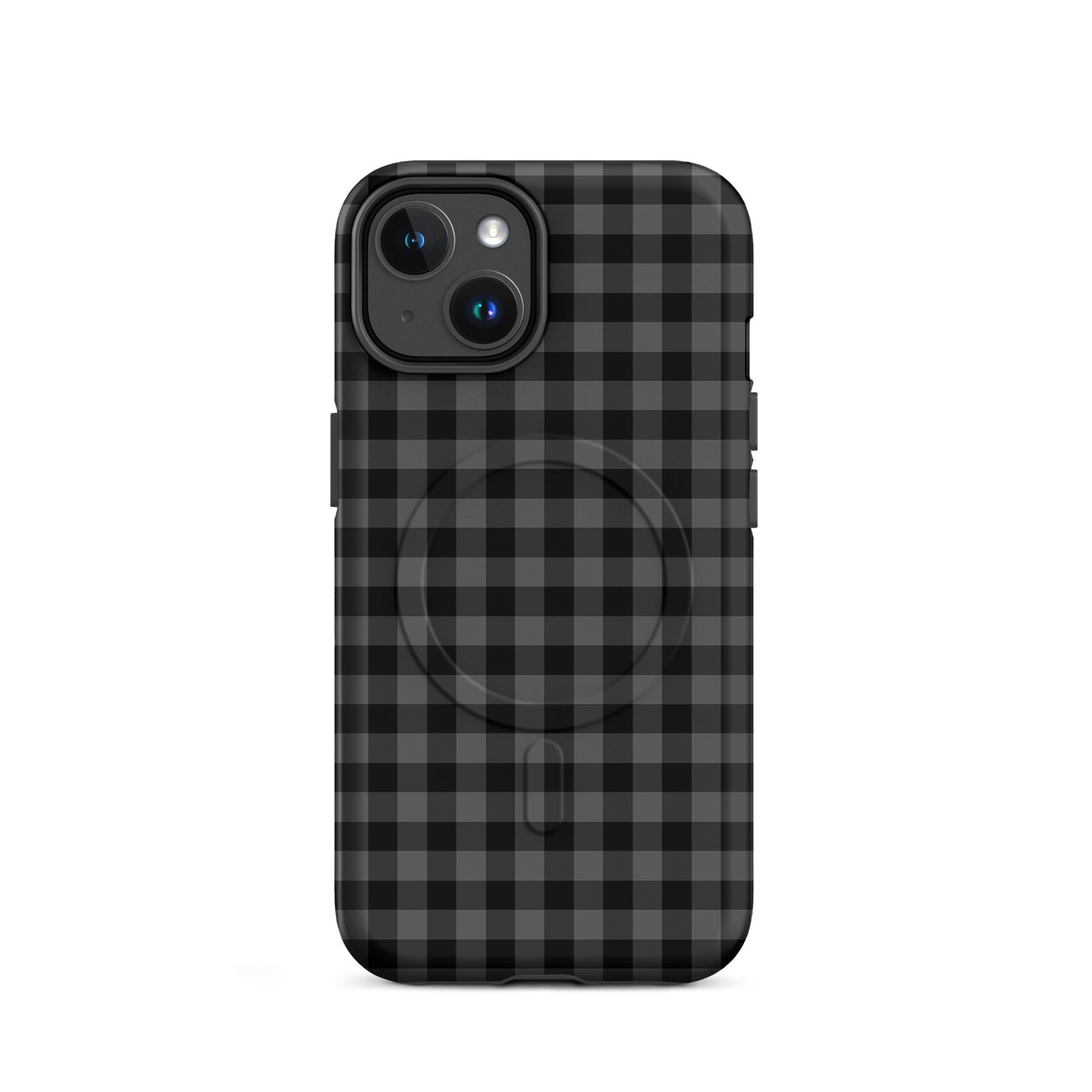 Magnetic Phone Case with black-and-charcoal gingham pattern for iPhone, offering modern style and durable protection.