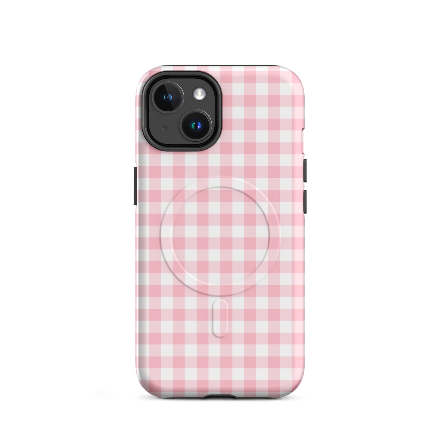 Magnetic Phone Case with pink gingham pattern for iPhone, offering style and durability, transforming your device into a chic accessory.