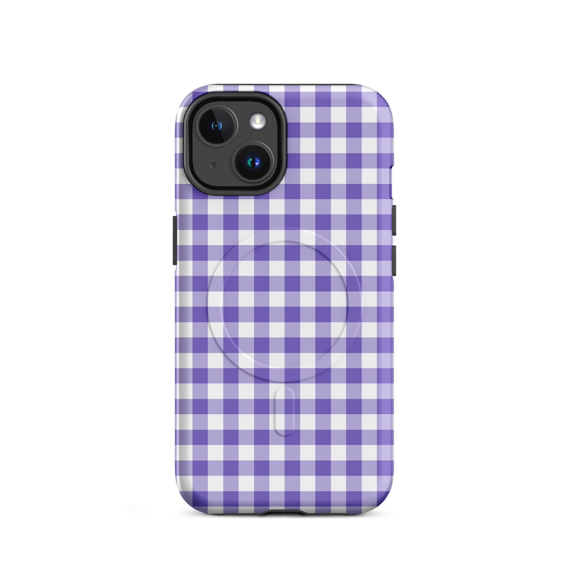 Magnetic Phone Case with purple and white gingham pattern for iPhone, combines style and protection.