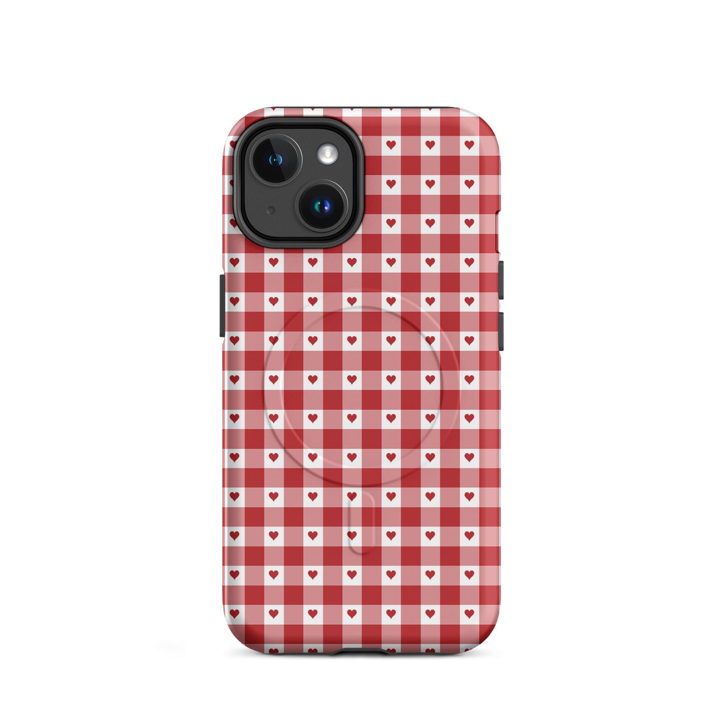 Magnetic Phone Case with red-and-white gingham heart pattern for iPhone, stylish protection with playful charm.