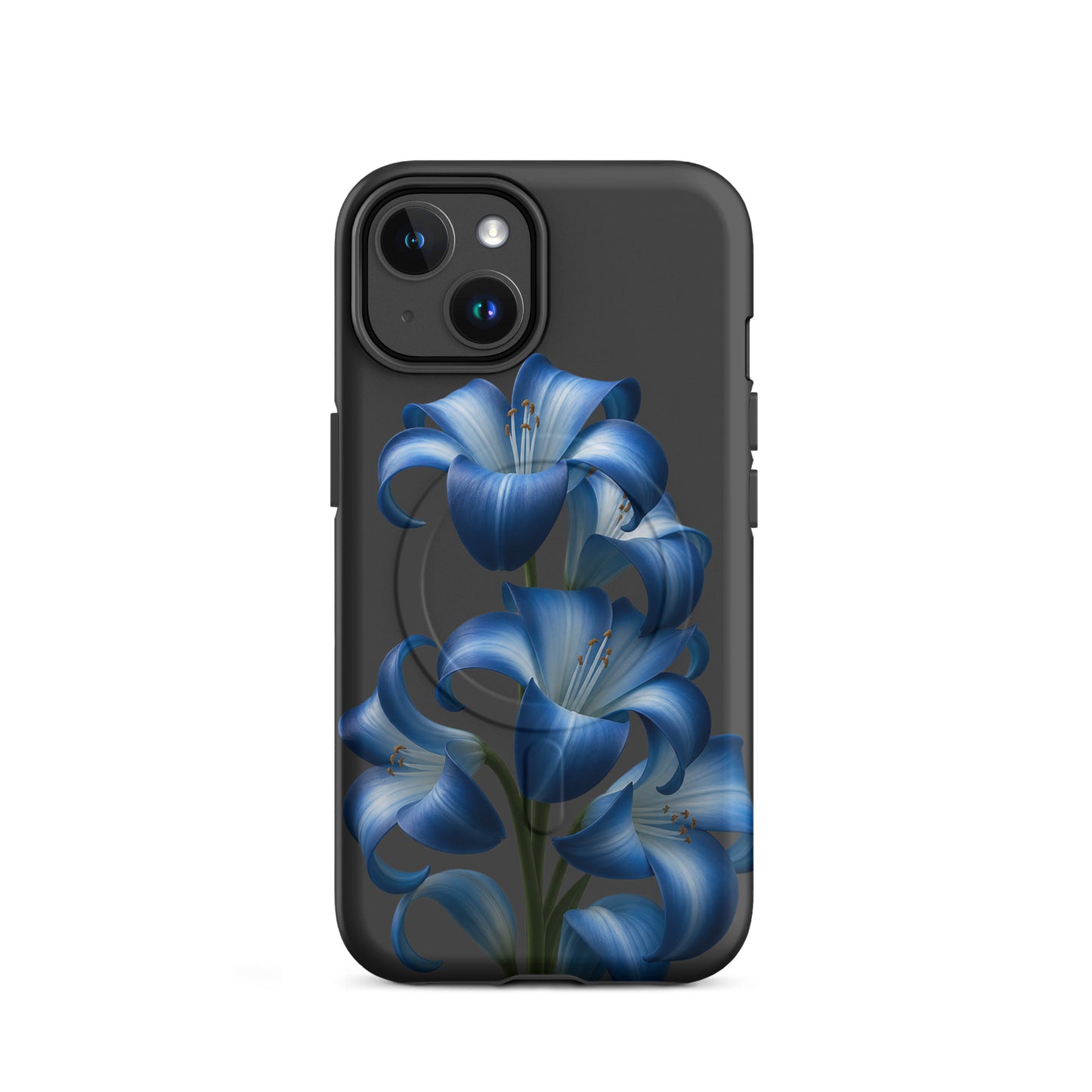 Magnetic Phone Case with blue lily bloom art for iPhone, featuring vibrant floral design on a sleek dark backdrop.