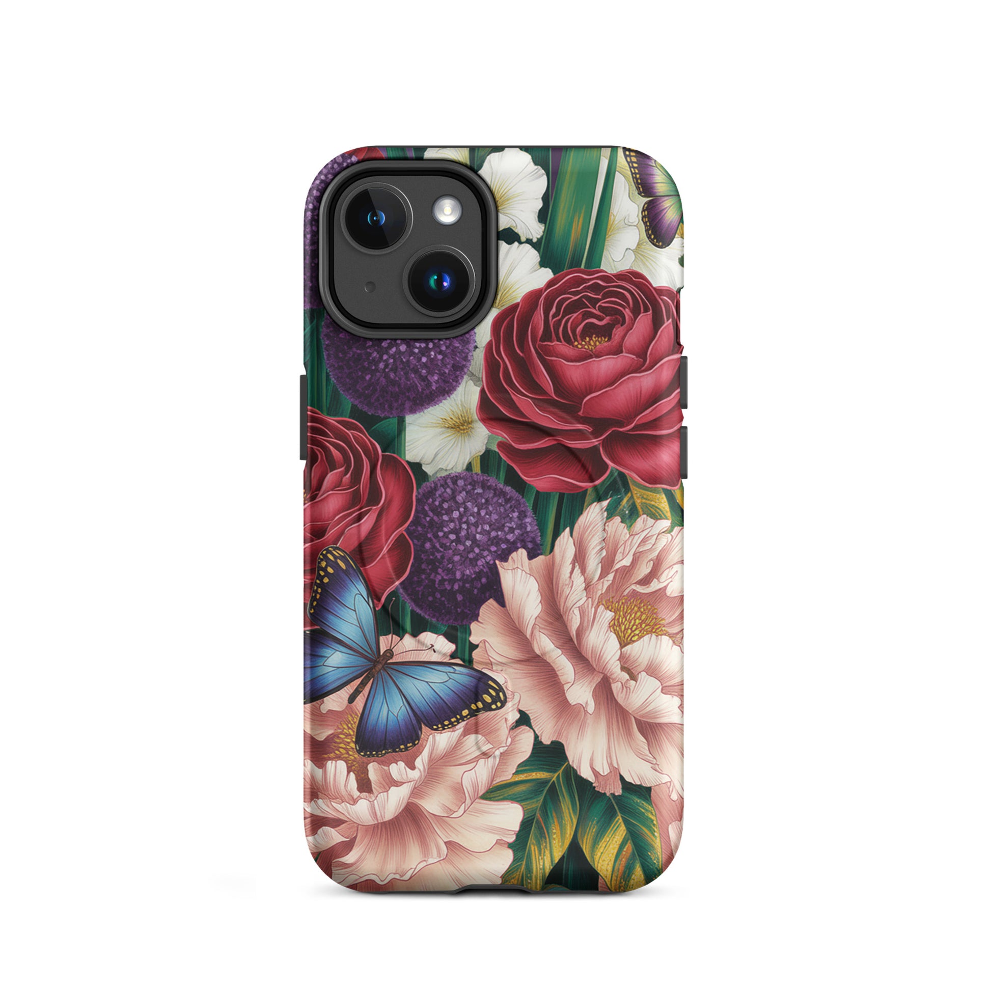 Magnetic Phone Case for iPhone with vibrant floral design, featuring crimson roses, pink peonies, and sapphire-blue butterflies.