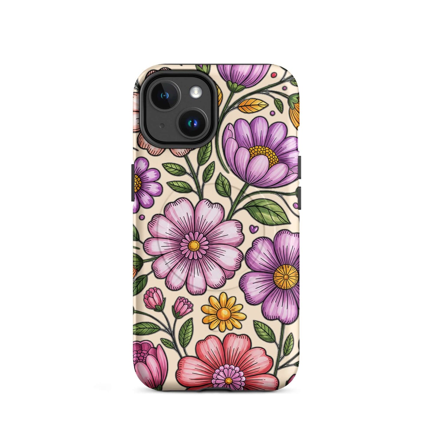 Magnetic Phone Case with pastel floral design showcasing pink, lavender, and yellow flowers on a durable polycarbonate shell.