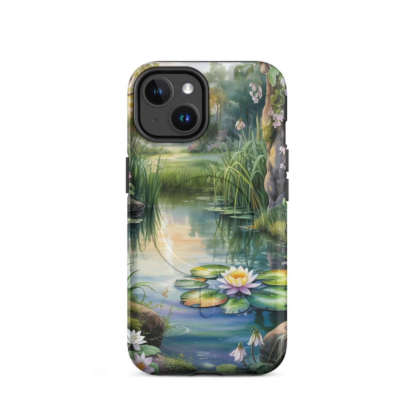 Magnetic Phone Case for iPhone with enchanted pond design, featuring water lilies, lush greenery, and a tranquil scene.