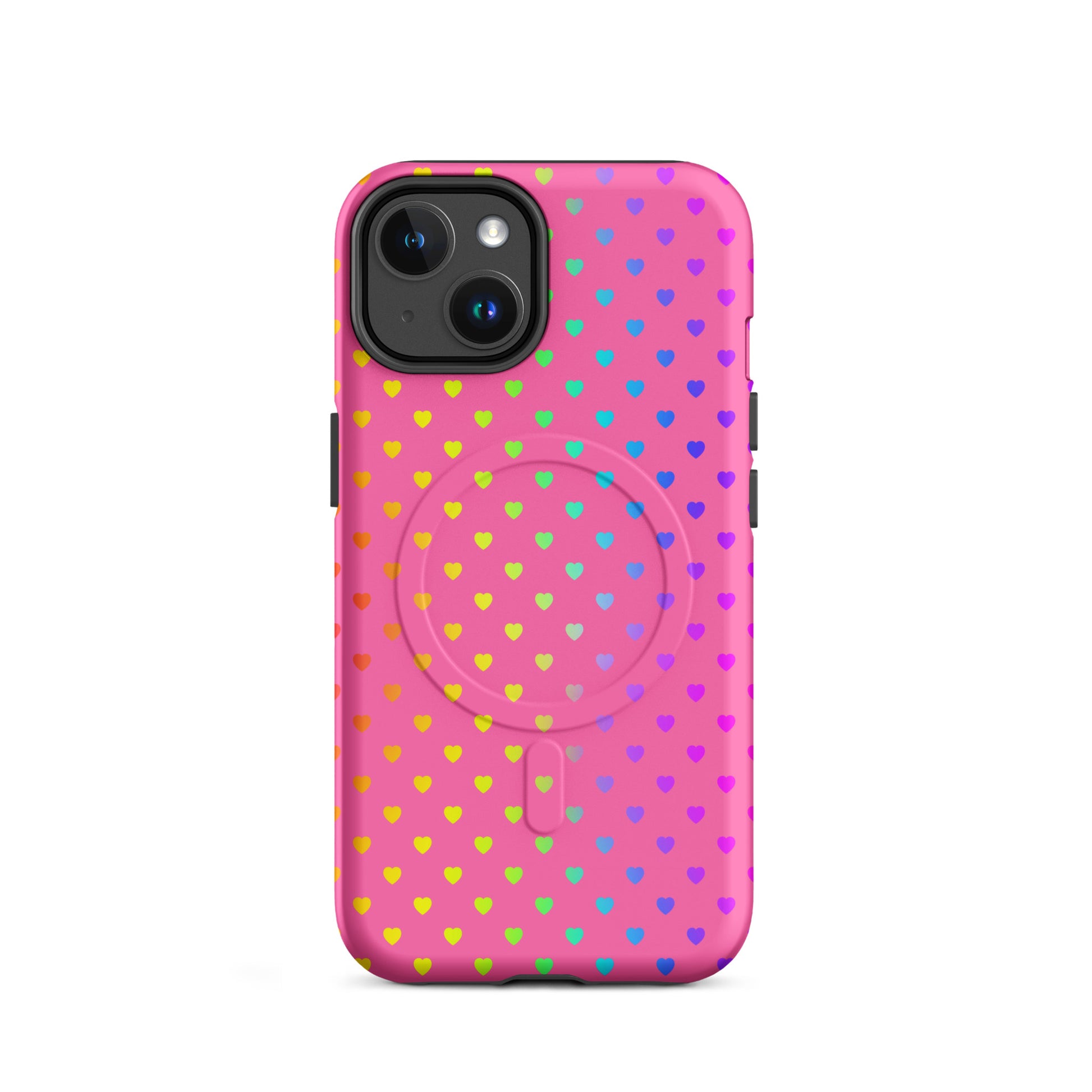 Magnetic Phone Case for iPhone with colorful rainbow heart design on pink background