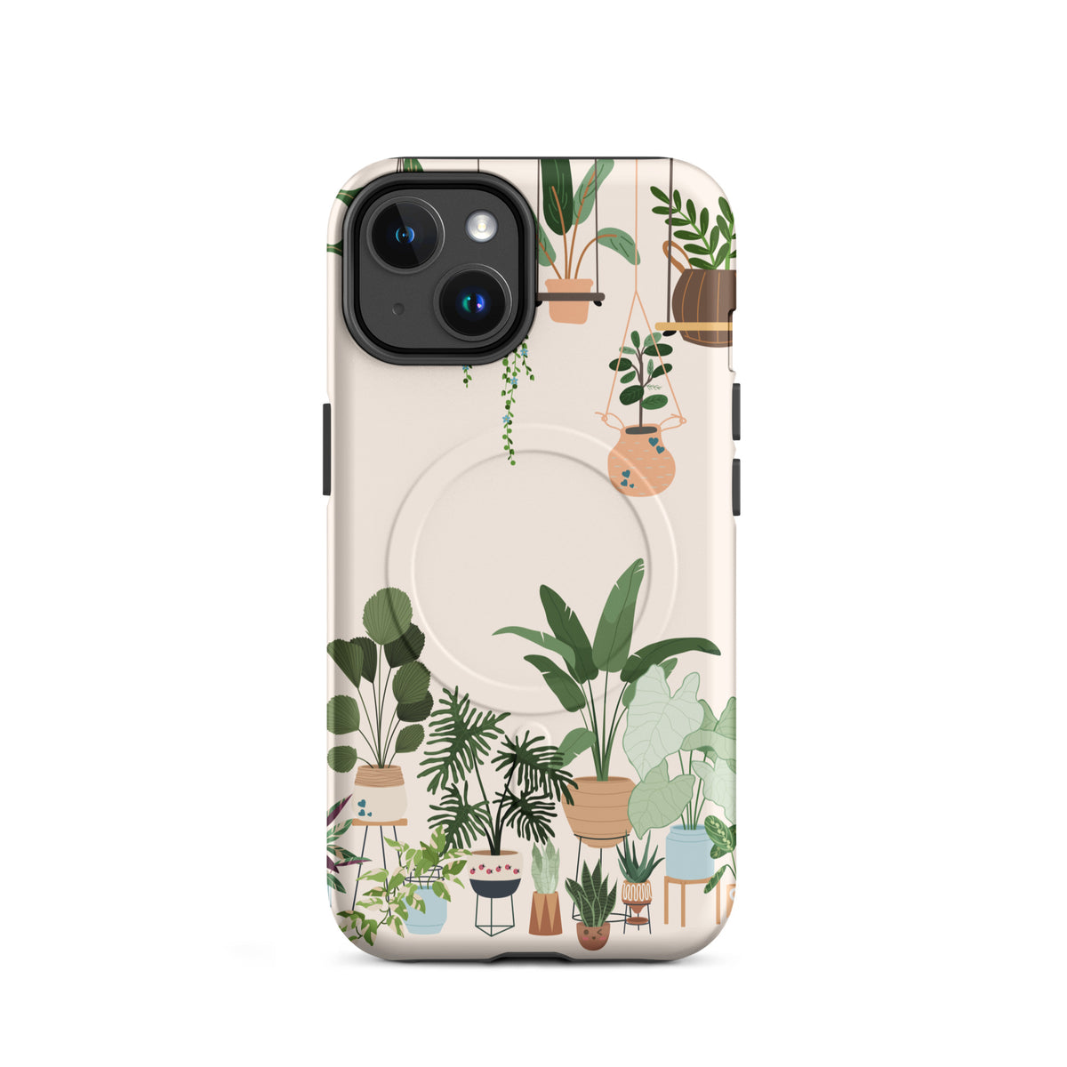 Magnetic Phone Case for iPhone with botanical design, featuring hanging planters and potted plants on light background.