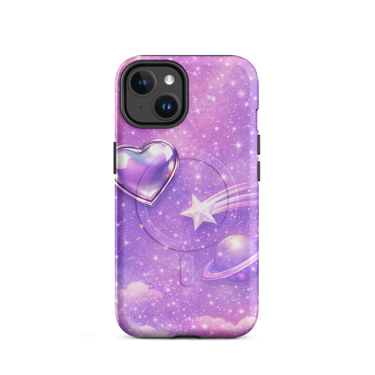 Magnetic Phone Case for iPhone with cosmic heart and shooting star design, featuring a metallic chrome heart and pastel clouds.