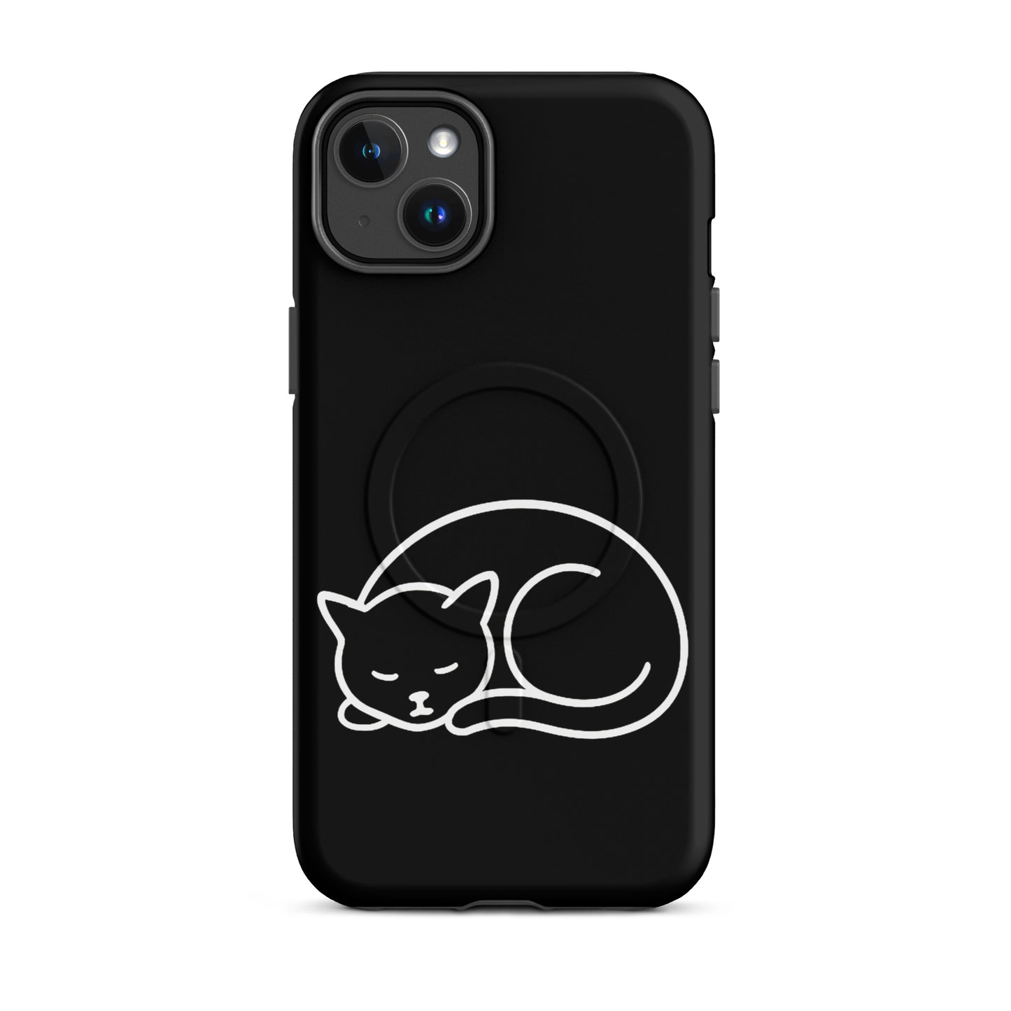 Magnetic Phone Case featuring minimalist curled-up cat design on a black background for iPhone.