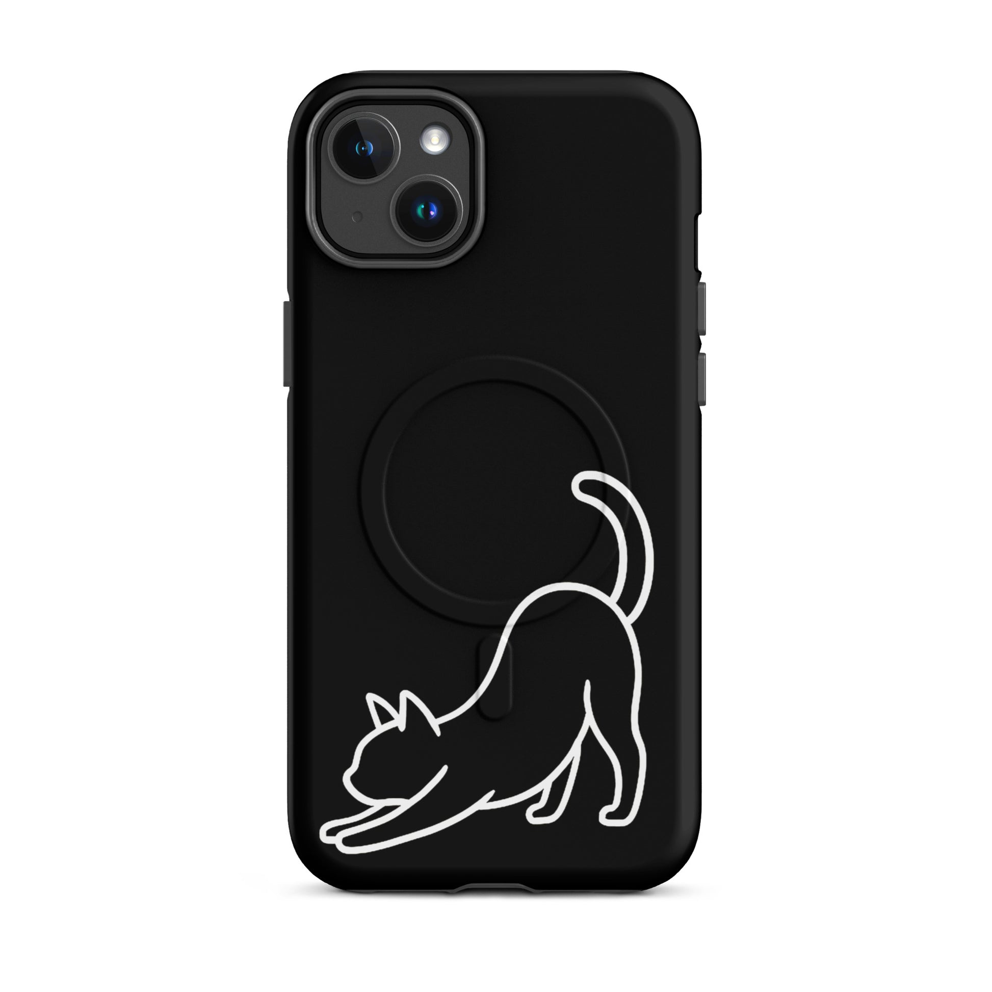 Magnetic Phone Case for iPhone featuring a minimalist stretching cat design on a sleek black background.