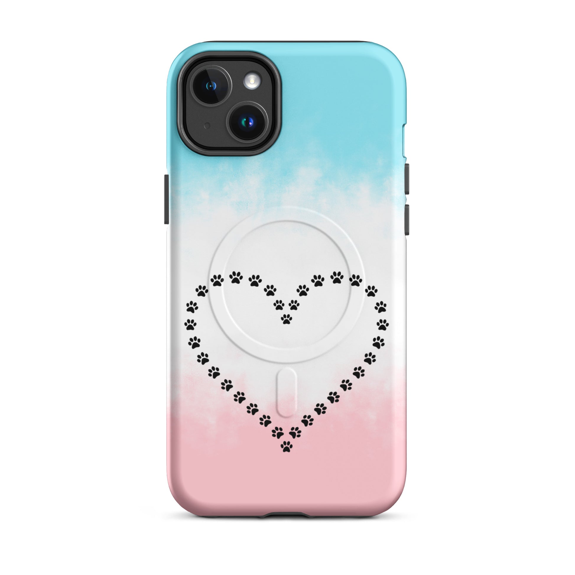 Magnetic Phone Case for iPhone: Paw Print Heart Design for Pet Lovers featuring a colorful gradient.