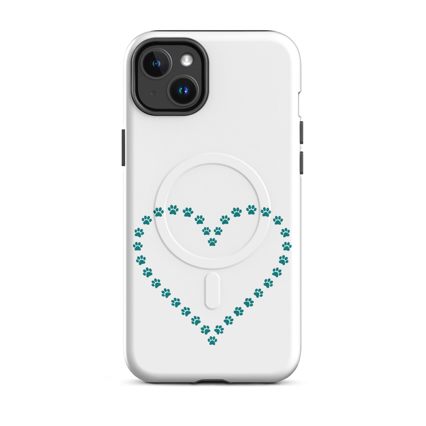 Magnetic Phone Case featuring a heart design made of teal paw prints, perfect for pet lovers.