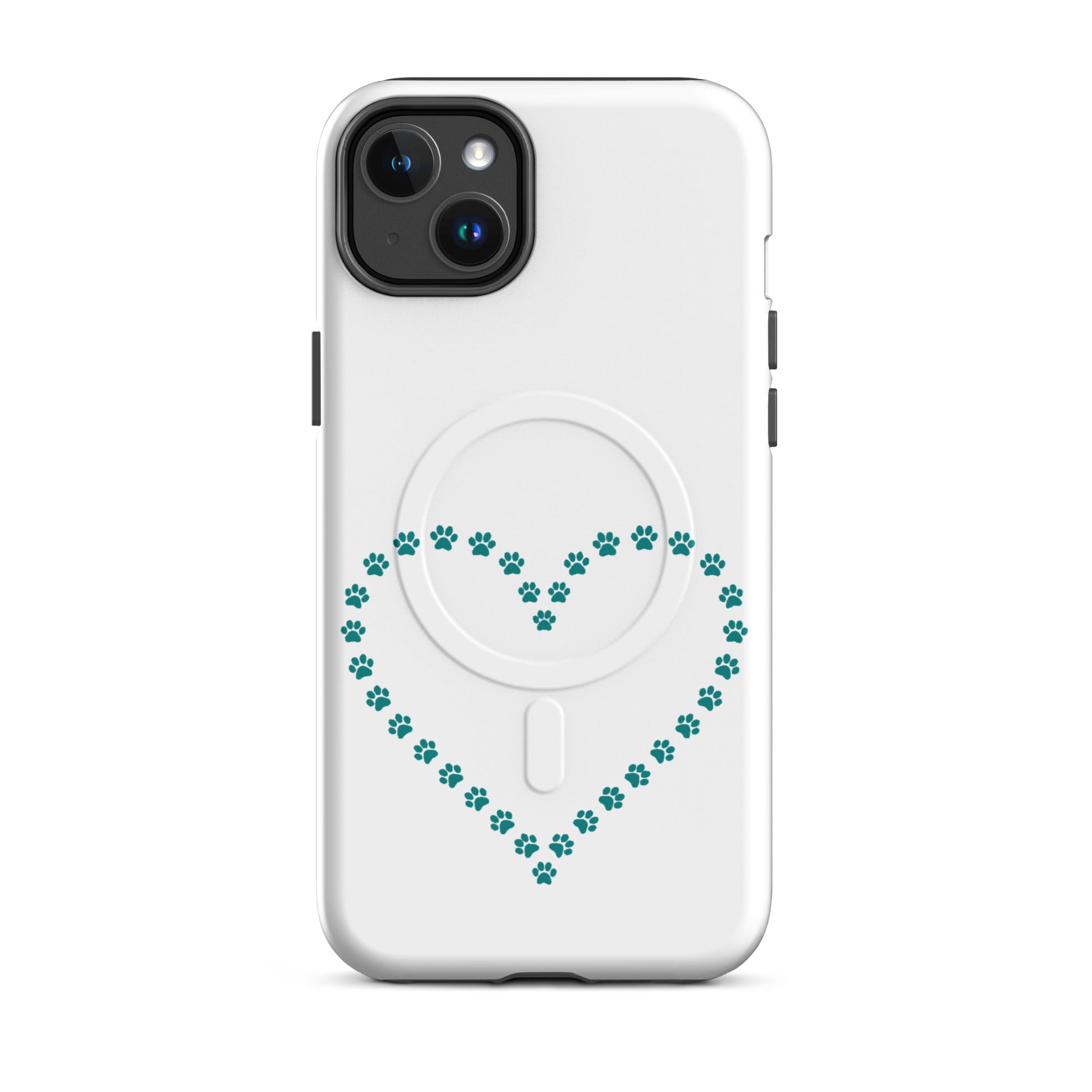 Magnetic Phone Case featuring a heart design made of teal paw prints, perfect for pet lovers.